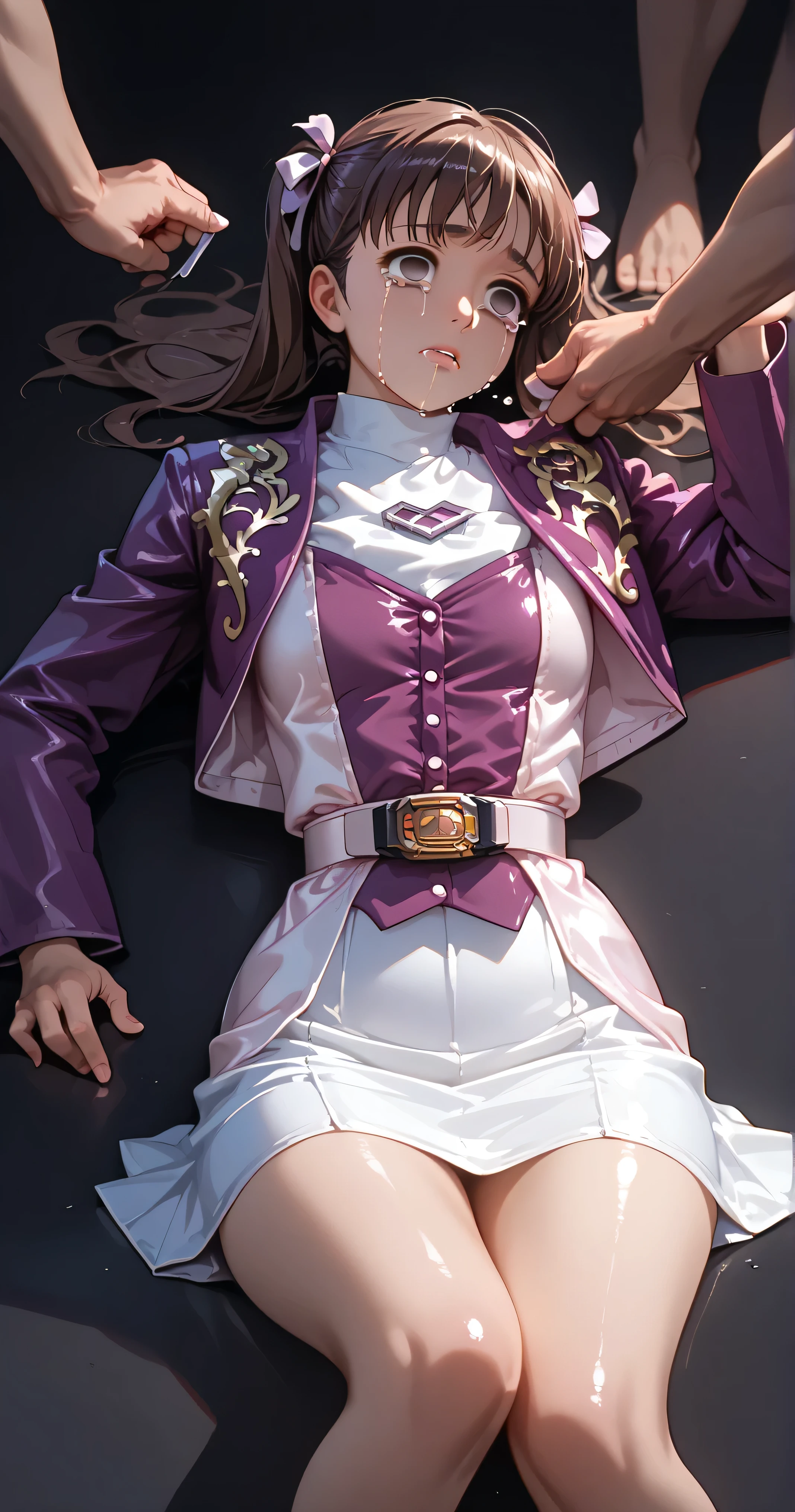 ( High-definition CG), ( top quality ),(( getting raped by completely naked men)),(( black background)),((In a dark prison)),(( 1girl )), perfect face, shiny skin , wide hips , thin waist, purple bolero jacket ,(( white skirt )), Long Sleeve , pink belt,((brown hair color )),((Straight Hair)),((Composition showing the part above the knee where the eyebrows are bent in the shape of a C )),(( crying face)),((empty eyes)),((Lie on the ground with your back)),