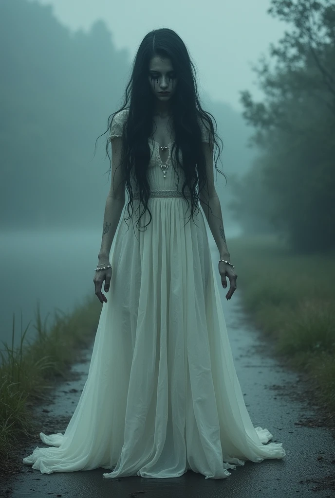 Scary woman, dressed in white and with black hair, in the form of an evil spirit standing next to a deserted road facing a dense forest, with fog