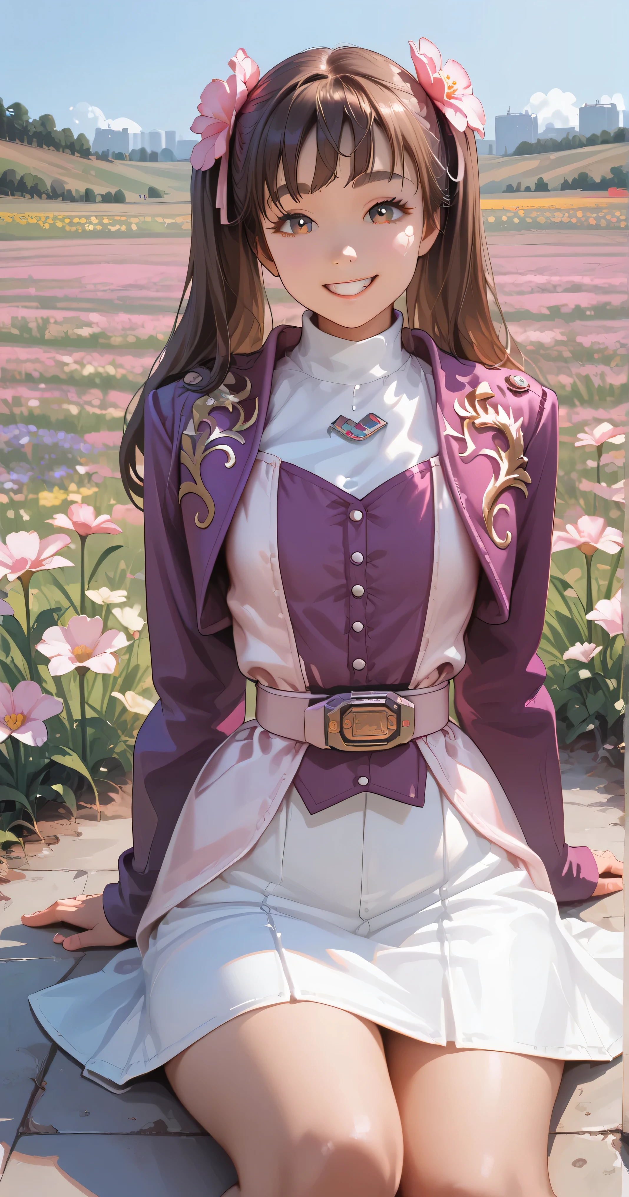 ( High-definition CG), ( top quality ),,(( Flower Field )),(( 1 girl )), perfect face, Wide hips , thin waist, purple bolero jacket , white skirt , Long Sleeve , pink belt,
,(( brown hair)), ((Straight Hair)),((Composition with eyebrows curved in the shape of a C )),(( eyes half open )),((Smiling Face)),(( is sitting on the floor ))
