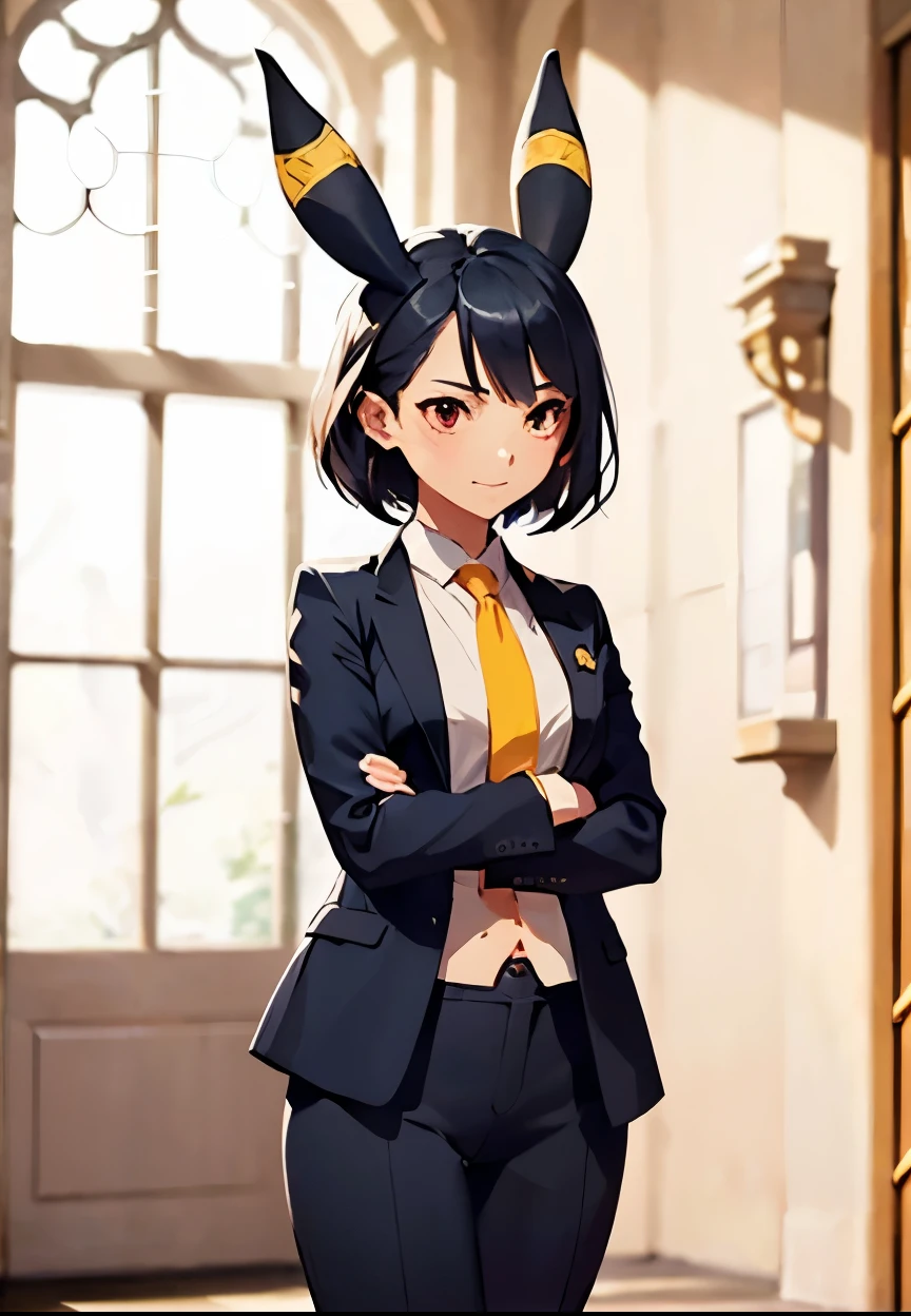 A dramatic wedding ceremony scene in a majestic altar , with a woman inspired by the anime style who stands confidently under a soft golden light that filters through the frosted glass. Character Description :
- Jet black hair cut in the back pixie with shiny texture ,
- Vibrant red eyes that shine slightly in ambient light ,
- Ears similar to those of an Umbreon ( black buttocks with a horizontal yellow stripe in the center ),
- A seductive and sharp smile , elegant facial features ,
- Tight black dress ( white, black jacket , black pants) that highlights her thin waist , flat chest and small hips , accentuating her toned and sculpted ,
- Pastel pink silk tie that adds a touch of color to the only romantic outfit .
Details of the stage :
- El altar está decorado con rosas whites , ivy garlands and chandeliers , creating a romantic but slightly gothic atmosphere ,
- A soft haze near the floor is mixed with rays of golden light ,
- Behind her , a frosted glass window with heavenly patterns in deep blue and gold ,
- Blurred silhouettes of guests dressed with label in the background , focusing attention on her ,
- Floating flower petals ( white and pale pink ) around the scene .