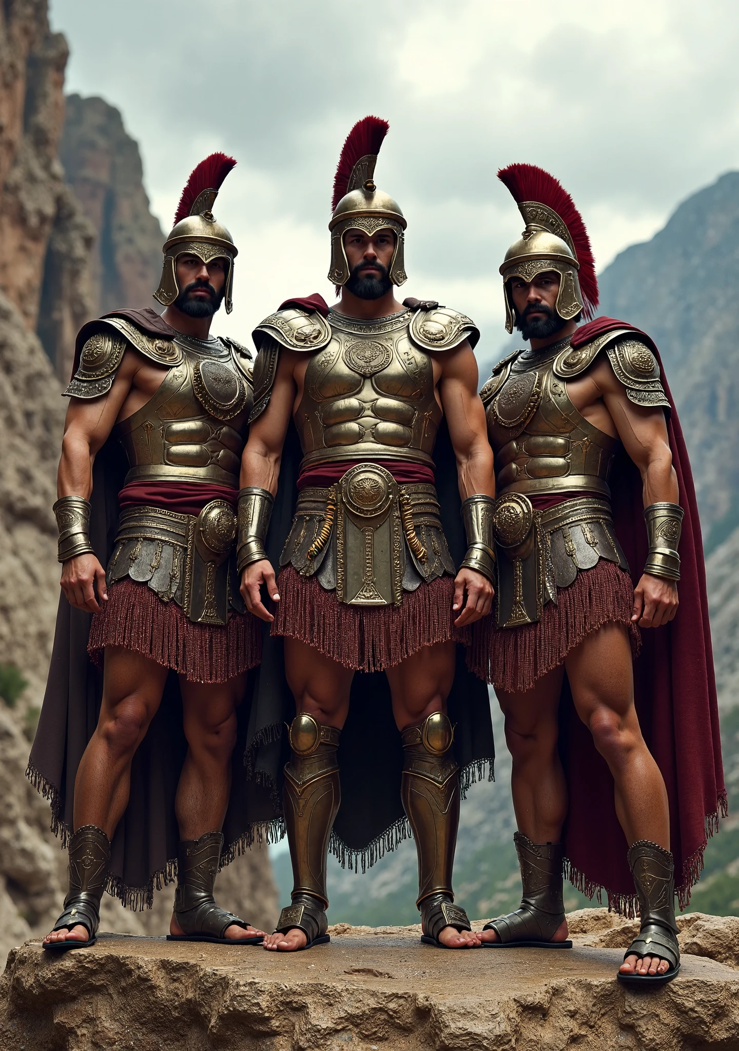 Muscular Einherjar, towering at two meters, young and radiantly beautiful, worthy sons of Odin, bodies meticulously sculpted, fair skin, golden eyes, platinum hair gleaming amidst Ragnarök's chaos. Their fierce gaze, reminiscent of the eyes of eagles, speaks of their divine lineage. This high-quality photograph captures the epic saga of these mighty warriors in the highest detail, reminiscent of true-to-life masterpieces. Taken during the onset of Ragnarök, their powerful physiques are illuminated by soft volumetric lighting, casting long, dynamic shadows. The composition focuses on the central figures, the