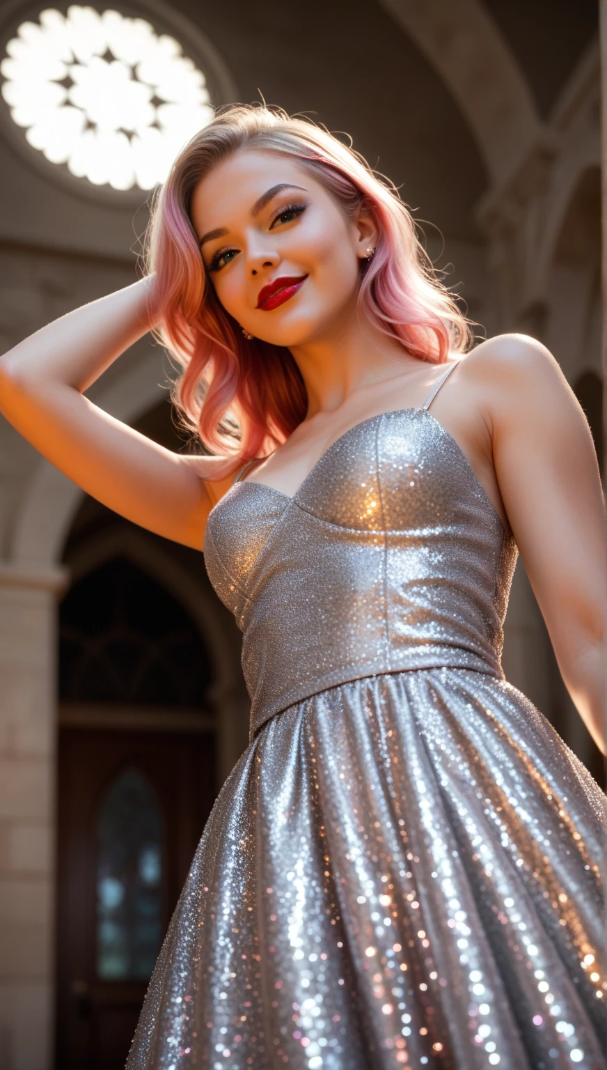 (masterpiece, best quality:1.2), 1girl, purple hair, gamer, hazel green eyes, full body, c cup breast, abs, beautiful smile, realistic, sexy, 22 years old, , wavy hair shoulder light complected , dressed in stylish gucci gown Lace Overlay Midi Dress with Crystal Embellishments, The dress has a fitted bodice with a high neckline and long sleeves color blush pink, on a rooftop penthouse