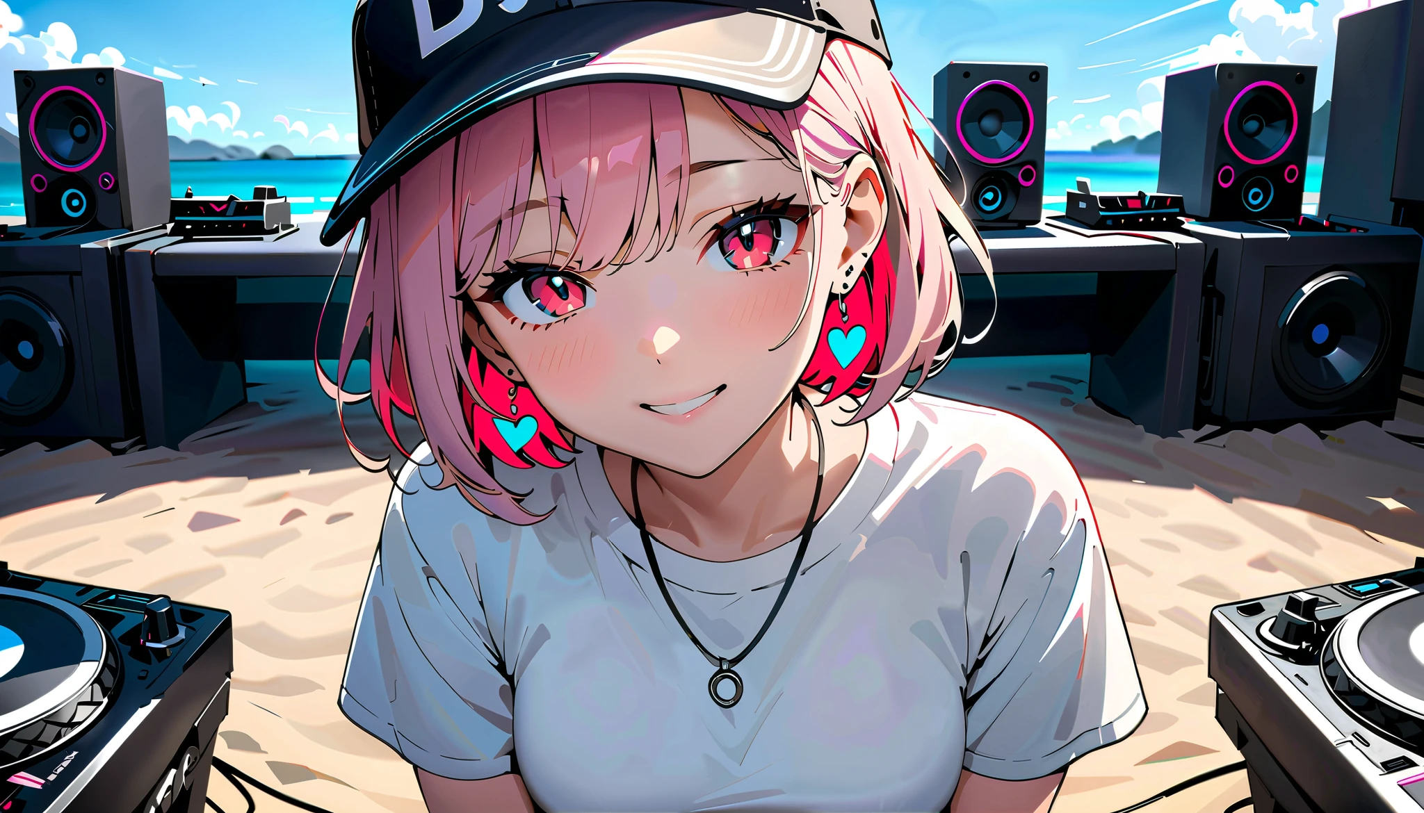 ( high quality, 8k, 4K,  High Contrast , masterpiece:1.2, 最 high quality,  Best Aesthetics ),High angle shot, ((1 female:1.4)),(( DJ equipment operation :1.5)), (( blue sky beach background :1.3)), ( loose fit white color shirt :1.1), ( simple baseball cap ) ,DJ headphones , (( Flat color )), High Contrast ,  contrasting colors , ,  light pink and blue lights , pink hair,  red eyes ,  denim shorts ,  Looking at the Audience , ( most beautiful smile ), sleepy eyes, (( Short Hair )) , ( hair tied up),  small heart-shaped earrings on both ears,  bright eyeshadow , necklace,young
