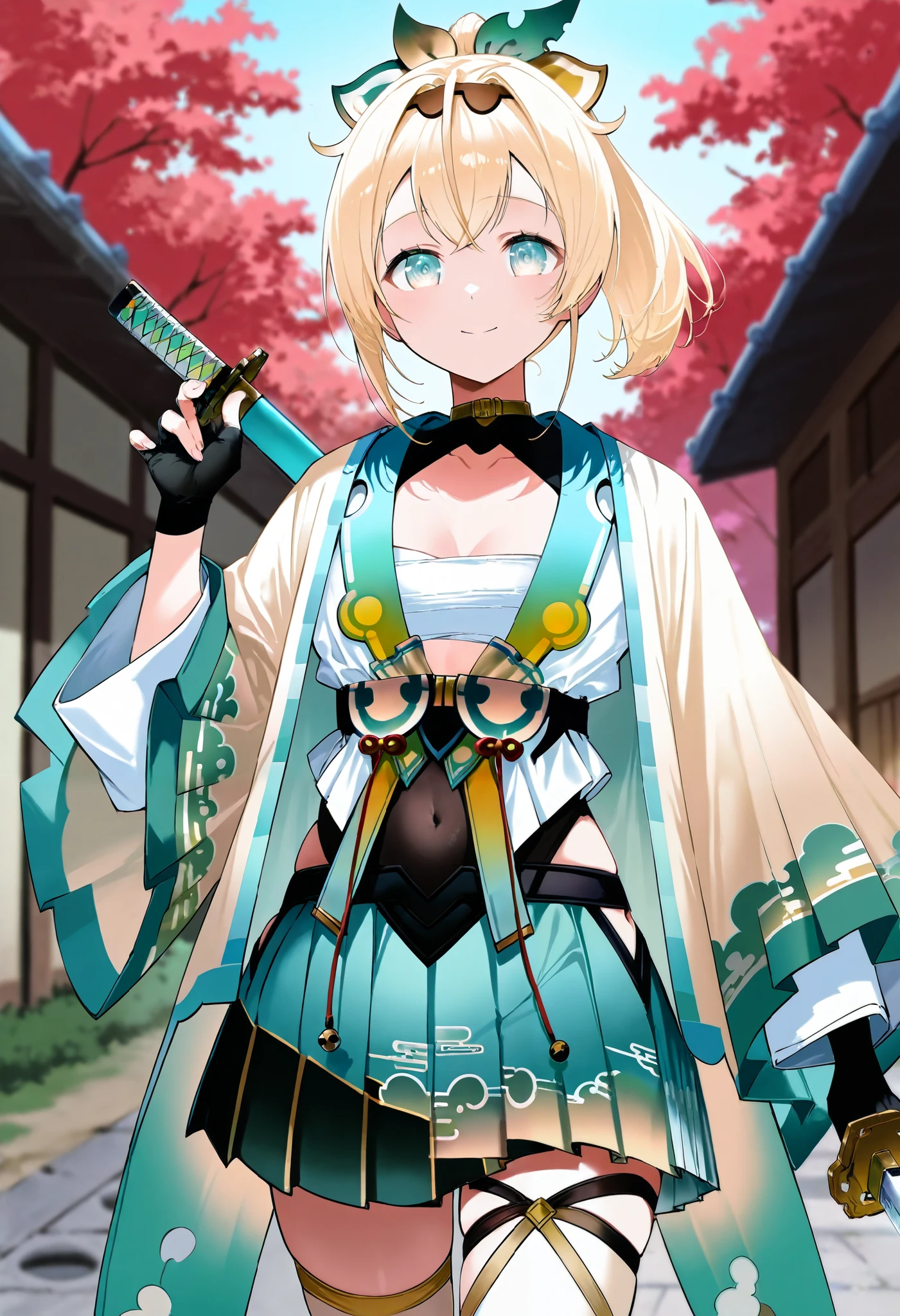 score_9, score_8_ up the side, source_Anime, Kazama Iroha , hair ornament, Hair Band , Exposing, Haori, Cover Navel , black gloves, pleated skirt, green skirt, white thigh high, Chest, has katana, Outdoors, smile, ponytail hair