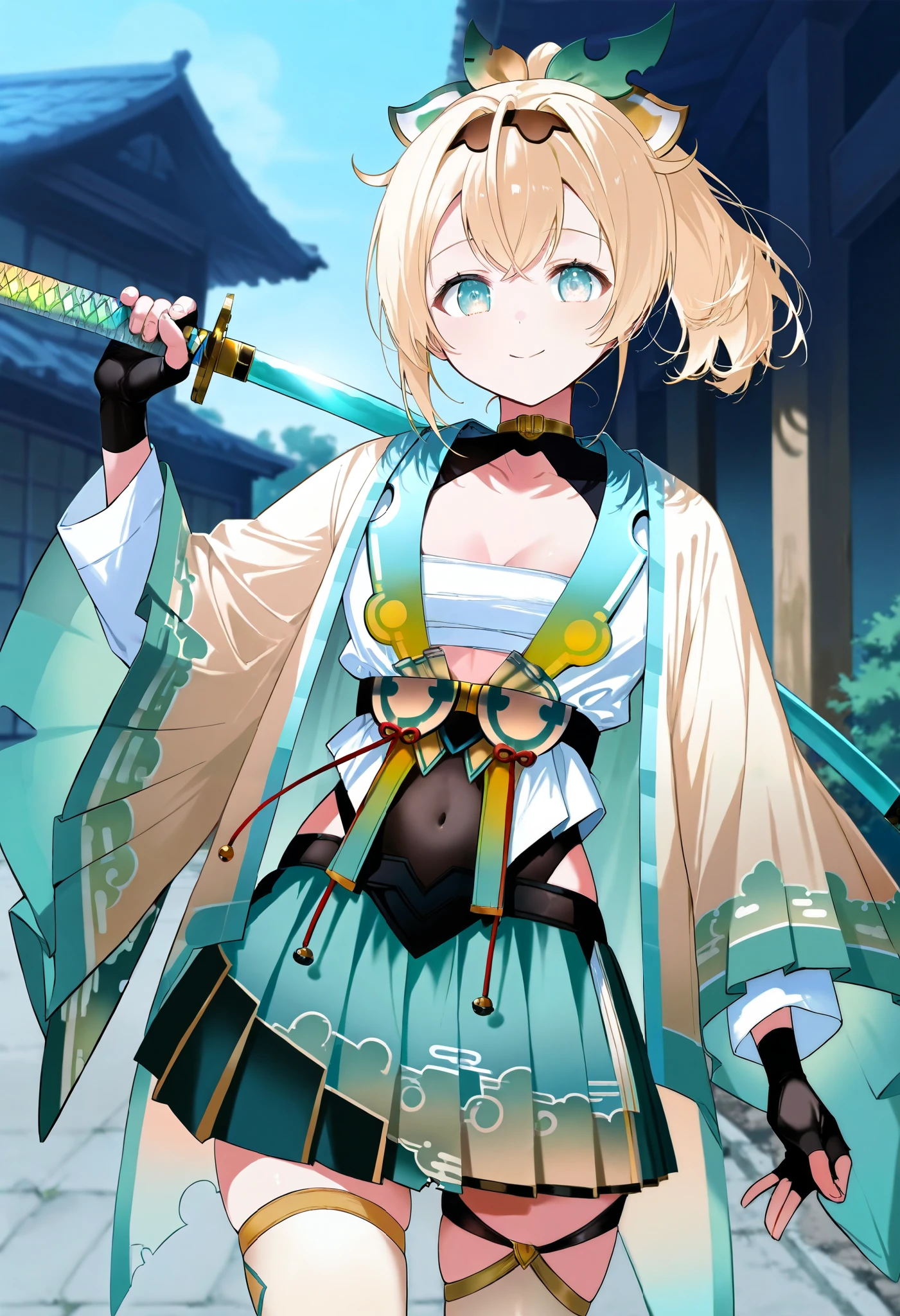 score_9, score_8_ up the side, source_Anime, Kazama Iroha , hair ornament, Hair Band , Exposing, Haori, Cover Navel , black gloves, pleated skirt, green skirt, white thigh high, Chest, has katana, Outdoors, smile, ponytail hair