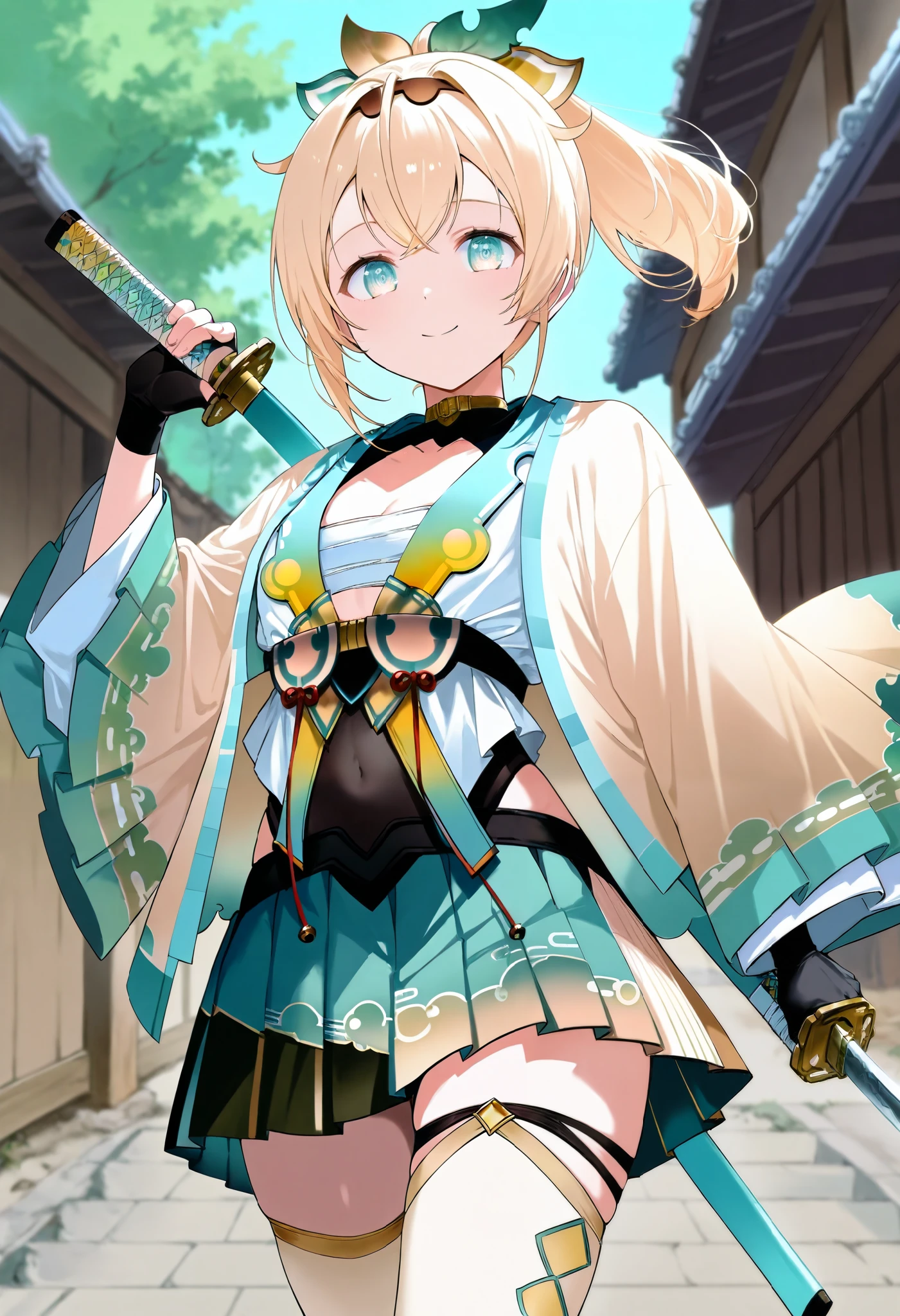 score_9, score_8_ up the side, source_Anime, Kazama Iroha , hair ornament, Hair Band , Exposing, Haori, Cover Navel , black gloves, pleated skirt, green skirt, white thigh high, Chest, has katana, Outdoors, smile, ponytail hair