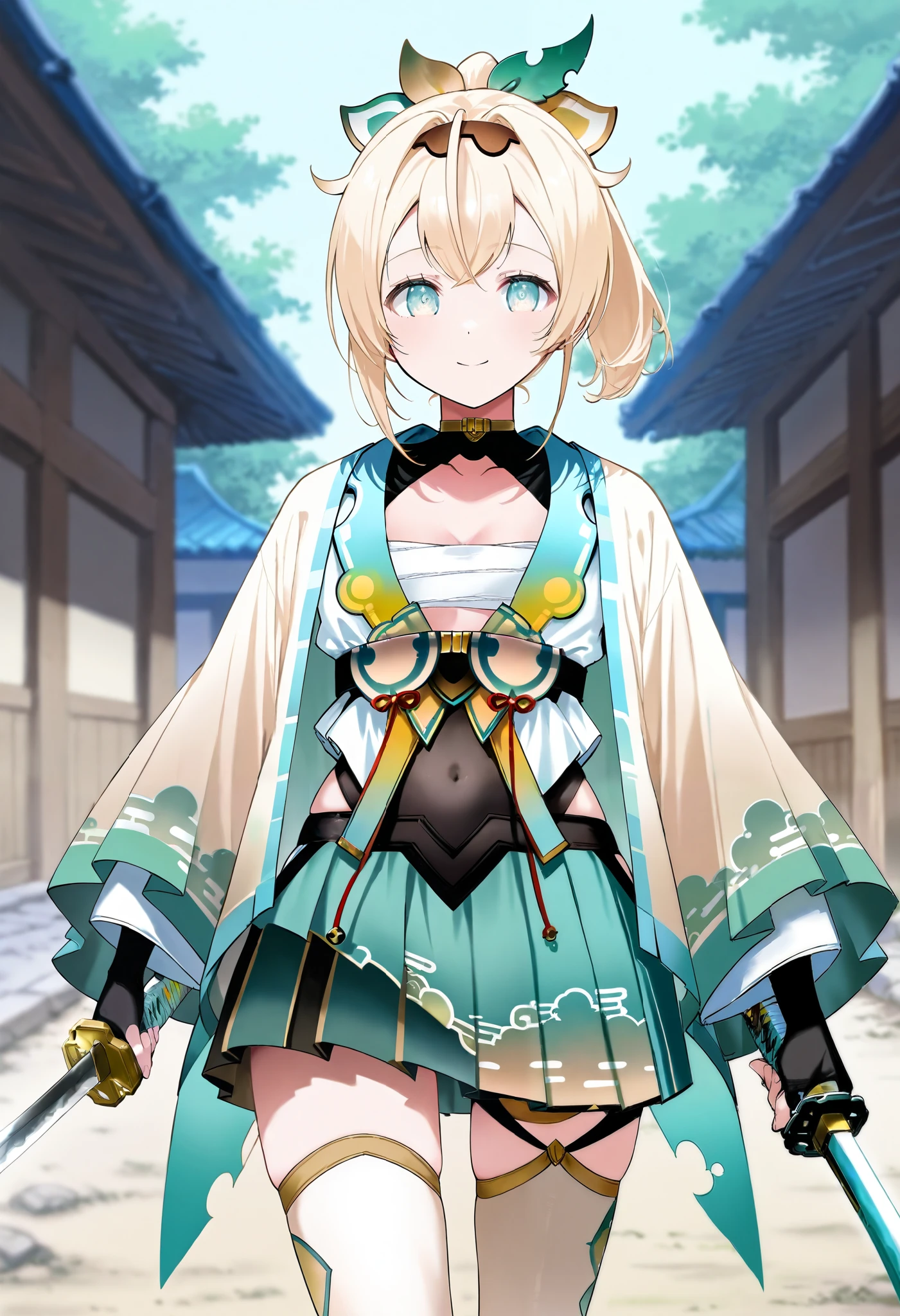 score_9, score_8_ up the side, source_Anime, Kazama Iroha , hair ornament, Hair Band , Exposing, Haori, Cover Navel , black gloves, pleated skirt, green skirt, white thigh high, Chest, has katana, Outdoors, smile, ponytail hair