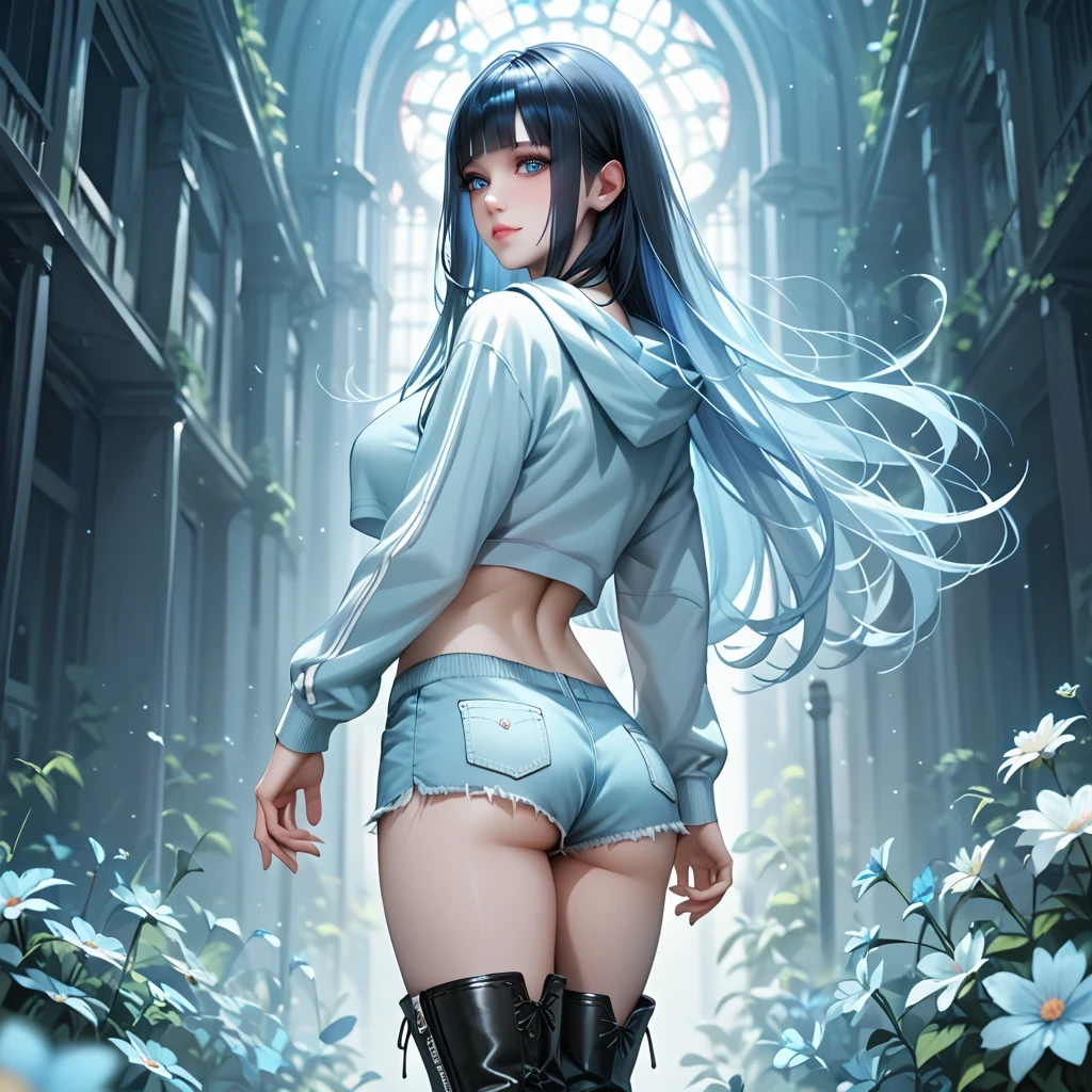 (( black hair))、(Light blue inner hair ), best quality 、 ( professional lighting without shadows )、 surreal, (Nipples:0.4), fascinating、 figure like a slender supermodel、 one girl ,, ( big breasts, Belly button exposed), ( arched , Beautiful Skin )), (明るい and beautiful blue eyes , ((hime cut,long hair )),(Hooded sweatshirt, daisy duke shorts, Long Boots ) , ( beautiful face squinting in bright light ), (from behind, cowboy shot, looking back)