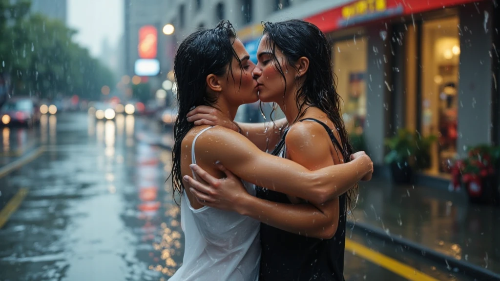 18-year-old Mexican girl with a thin complexion with a somewhat large bust, a medium and firm butt, wearing wet casual clothes in a plaza in Mexico with the rain, giving herself a kiss with a 17-year-old white-skinned boy with a somewhat fat complexion and short black hair. with a wet sweatshirt as if it were a selfie