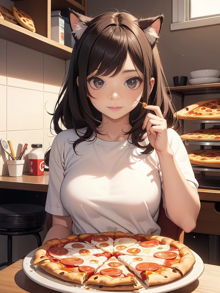 the best，On the table，Ultra-high quality，Realist，girl and cat，(beautiful face 1.4)，(Lots of delicious food on the table)，(( Beautiful woman eating food))，Solitary，breast，Realist，Silky long hair，(brown hair)，
