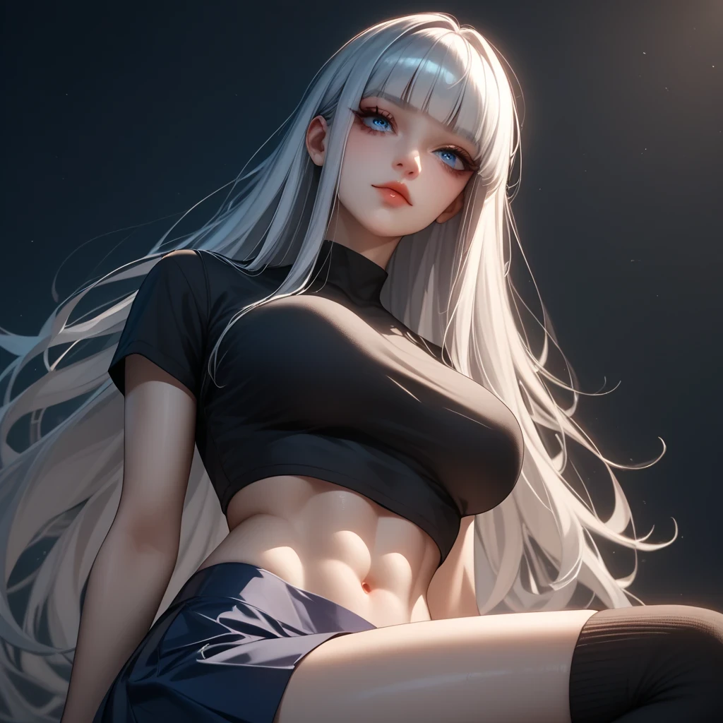 silver hair、 top quality、 Masterpiece、( professional lighting )、 surreal、 (Nipples:0.4), is fascinating、 figure like a slender supermodel、 one girl , (dynamic angle, face focus, looking side), (slightly larger breasts, midriff peek ), ( flat at honny , oily skin ), (Bright, beautiful blue eyes , ((hime cut,long hair, )), ( A black mini tight skirt ,(( punk style fashion))) , ( beautiful face squinting in bright light ), Knee High Socks