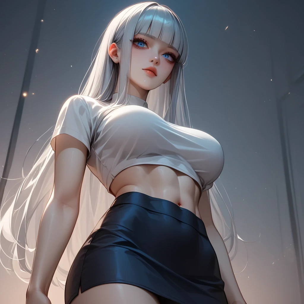 silver hair、 top quality、 Masterpiece、( professional lighting )、 surreal、 (Nipples:0.4), is fascinating、 figure like a slender supermodel、 one girl , (dynamic angle, face focus, looking side), (slightly larger breasts, midriff peek ), ( flat at honny , oily skin ), (Bright, beautiful blue eyes , ((hime cut,long hair, )), ( A black mini tight skirt ,(( punk style fashion))) , ( beautiful face squinting in bright light ), Knee High Socks