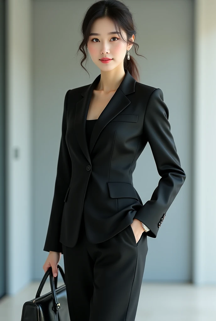 {
"prompt": "A beautiful young woman with a voluptuous figure, including a well-endowed chest and a curvy body. She has long, flowing black hair and is wearing a stylish suit with a short skirt. Her outfit is complemented by high heels, adding elegance and sophistication to her appearance. She exudes confidence and grace, standing in a professional setting that highlights her poised and fashionable look.",
"size": "1024x1024",
"n": 1
}
