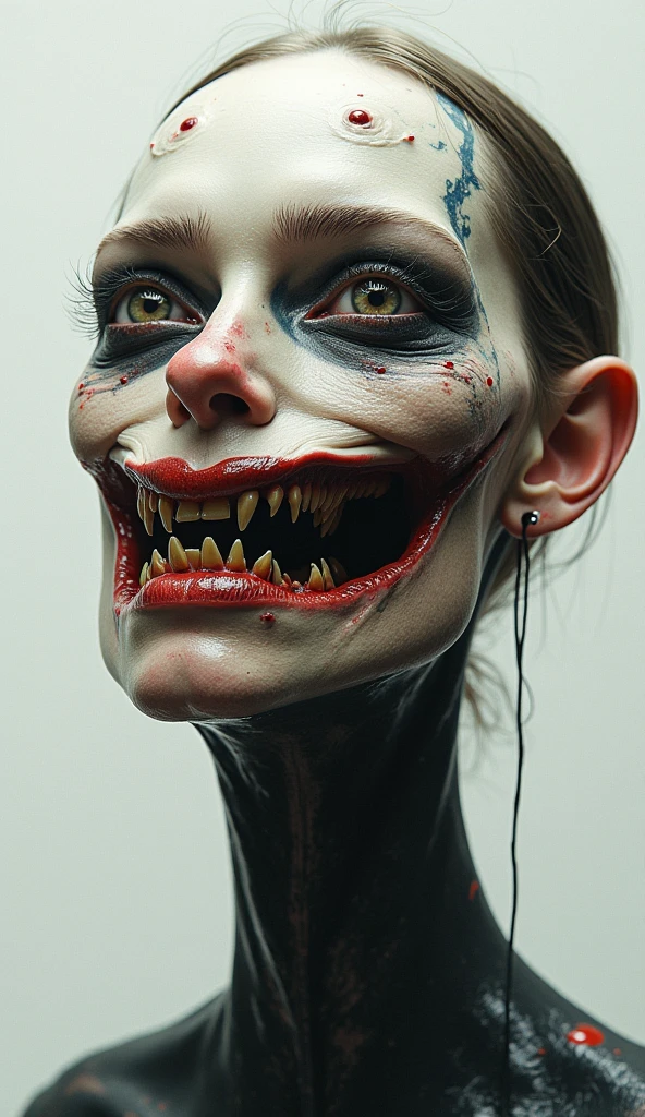 I want a man half human half shark, The left side of the face will be human and the other half of the face will be a shark with humanoid features., with big teeth and on the human part he must have a shark tattoo on his neck , only showing the neck and face part looking forward