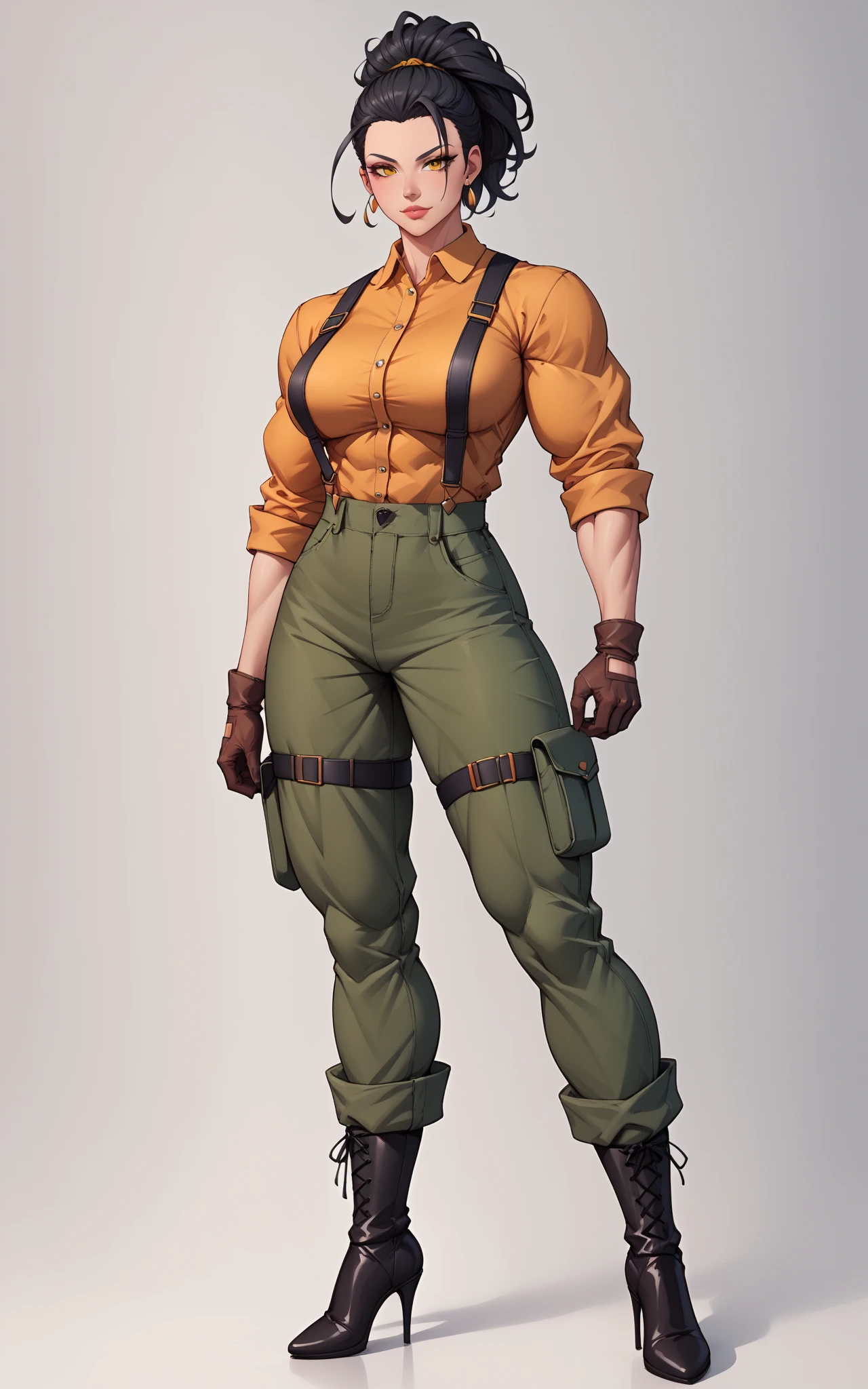 score_9, score_8, score_7, score_6, masterpiece,Adult woman, with a tall stature, long black hair, arms with well-defined muscles, well-defined legs, wearing cargo pants, a shirt with rolled-up sleeves, gloves with the fingertips exposed, suspenders, and short-heeled boots. Front-facing image, full body.obra-prima,, Melhor qualidade ao melhor preço, alta resolução

