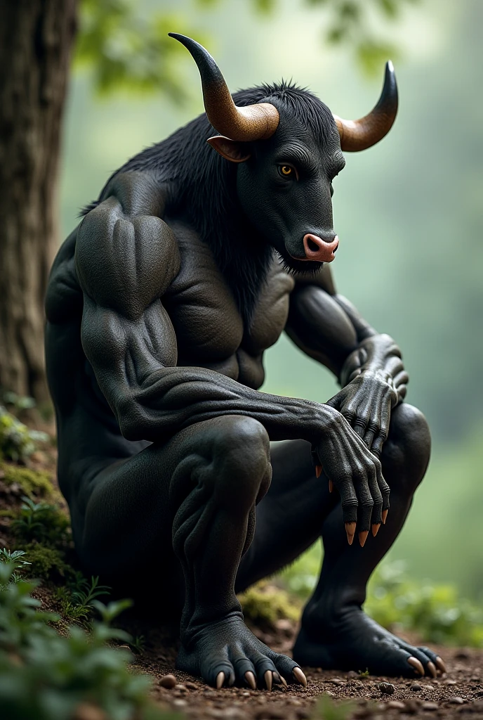 A young man without a shirt in boxers, with a well-formed naked bull with black hair red eyes handsome in face