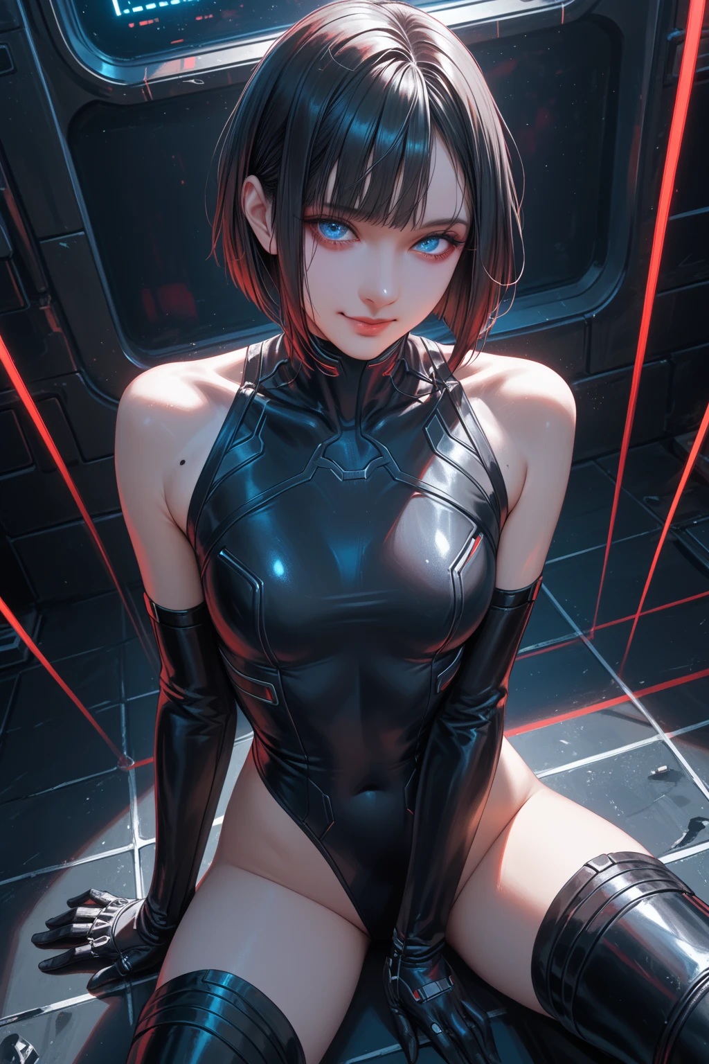 delicate face, 20-year-old kpop idol cyborg girl, (carbon fiber high leg cut leotard), {{angled bob}}, (big breasts:1.25), (mechanical joint), bangs, attractive curves, mid pelvis, seaside, standing posture, beach, glowing skin, ((puffyareolas)), (spread legs, camel toe, cameltoe, vulvashaped:1.25), cyberpunk, sci-fi, [glowing neon], (upper body:1.15), (8k, RAW photo, best quality, masterpiece: 1.45), (nsfw:1.35)