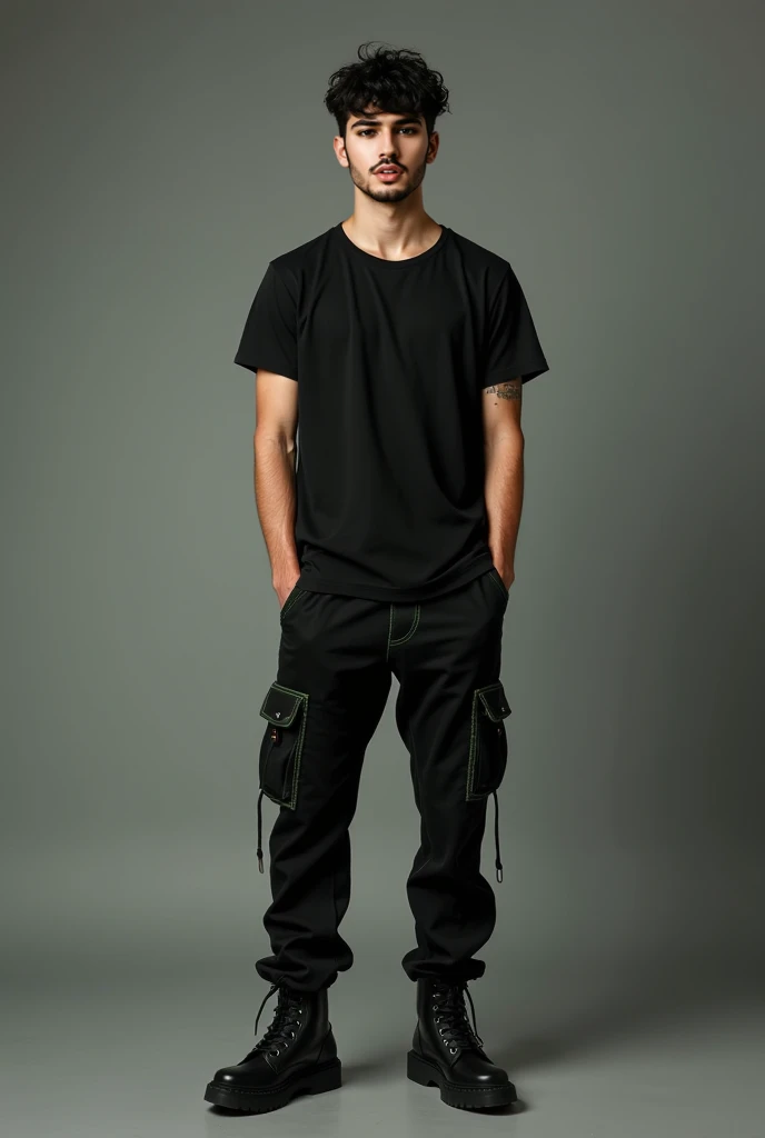 Professional full body shot of an attractive 29-year-old male model, 209cm, black facial scruff, athletic build, short messy obsidian black wavy swept back hair, vibrant emerald eyes, four lower lip rings, one left eyebrow ring, two philtrum black studs, beige clean skin, wearing tight form fitting black t-shirt, black cargo pants with subtle dark green stitching, punk black boots, standing inside a photo shoot.
