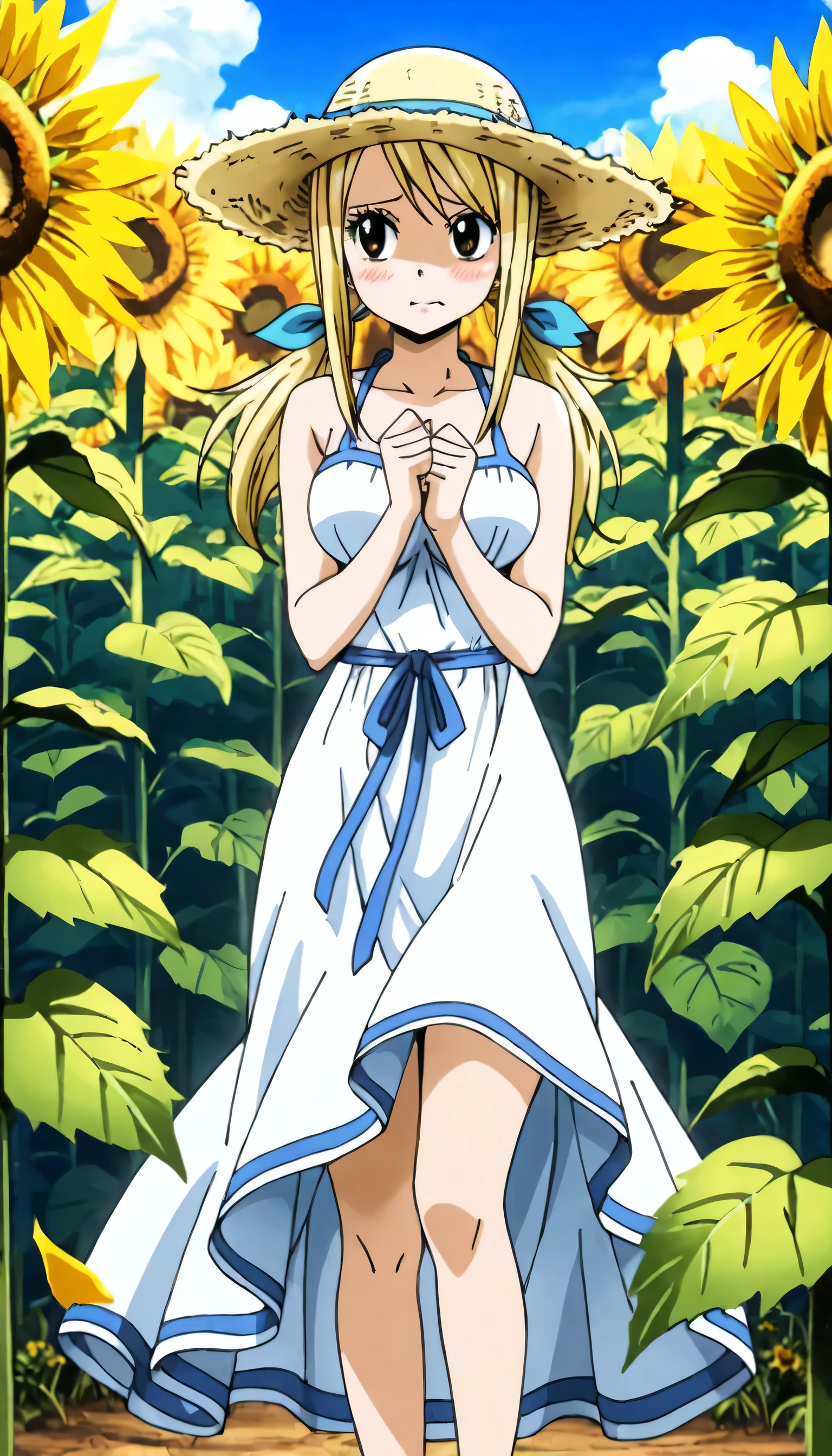 Lucy heartfilia, wearing a beautiful white maiden's dress, sunflower field, straw hat, delicate pose, shy girl, anime screen cap