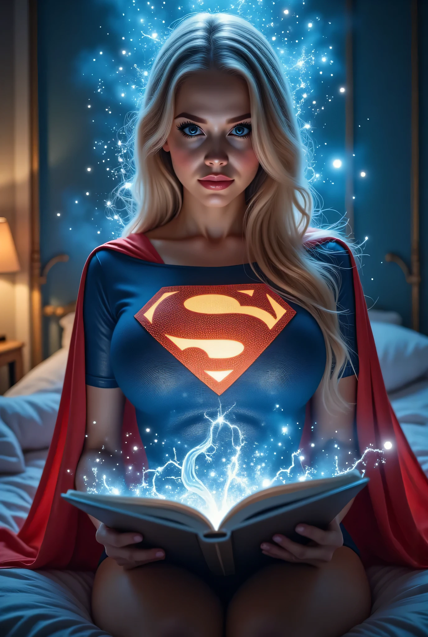 a brilliant but socially awkward young BLONDE NERD READING A COMMIC BOOK late in her BEDROOM unexpectedly grants her SUPERMAN abilities SCREAMING OUT AS HER BODY STRUCTURE TRANSFORMS. WEARING A CLASSIC SUPERMAN SUIT AND CAPE, LIGHT PALE BLUE EYES.COSTUME A REDCAPE AND SUPERMAN BOOTS. CRYSTAL CLEAR ART, CELAN CRISP ART, 4K, 8K, MILLIONS OF TEXTURES AND DETAILS.