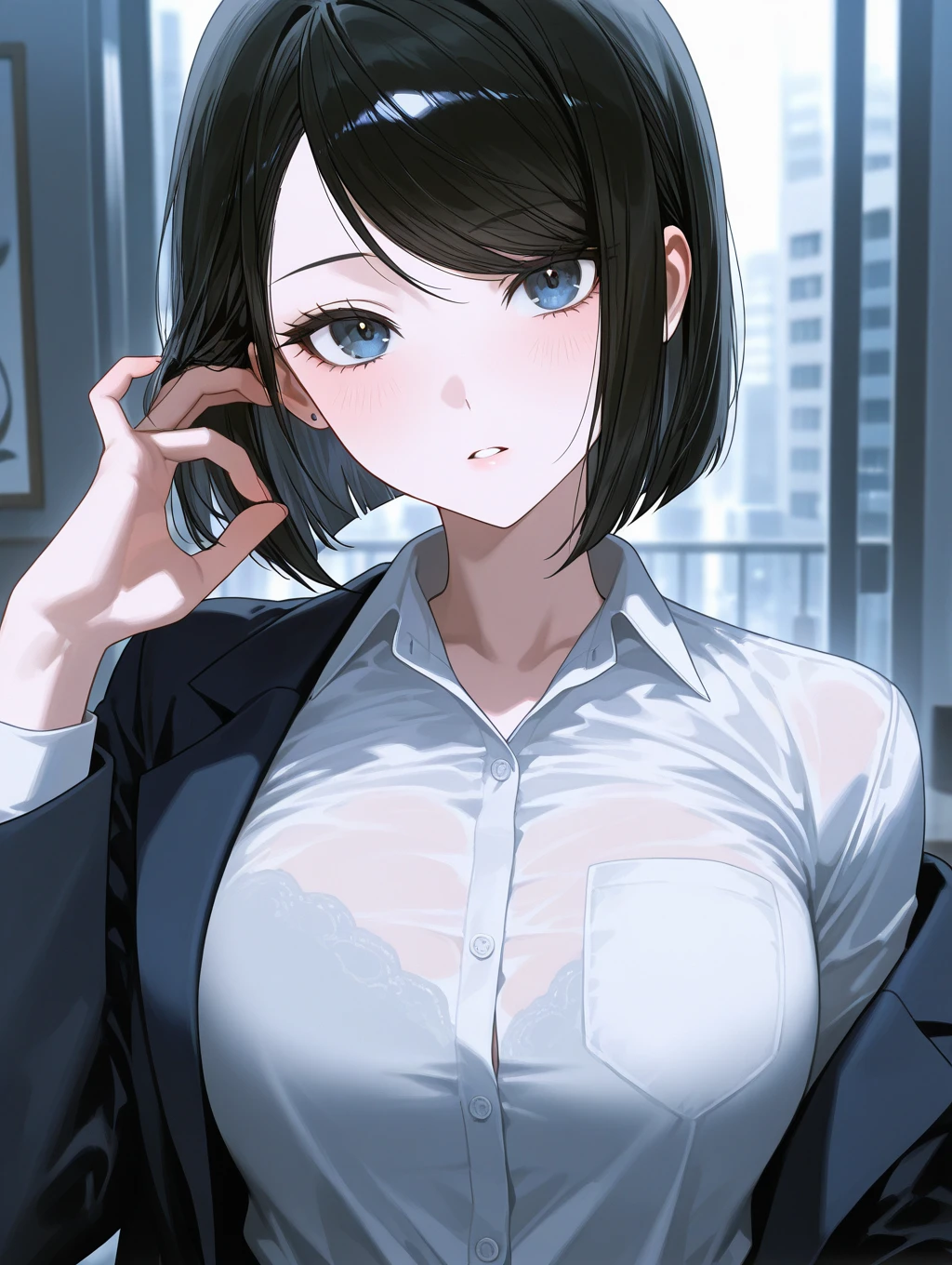 perfect face, 1 girl, short hair, dark blue, mature girl, smal breast, white shirt 