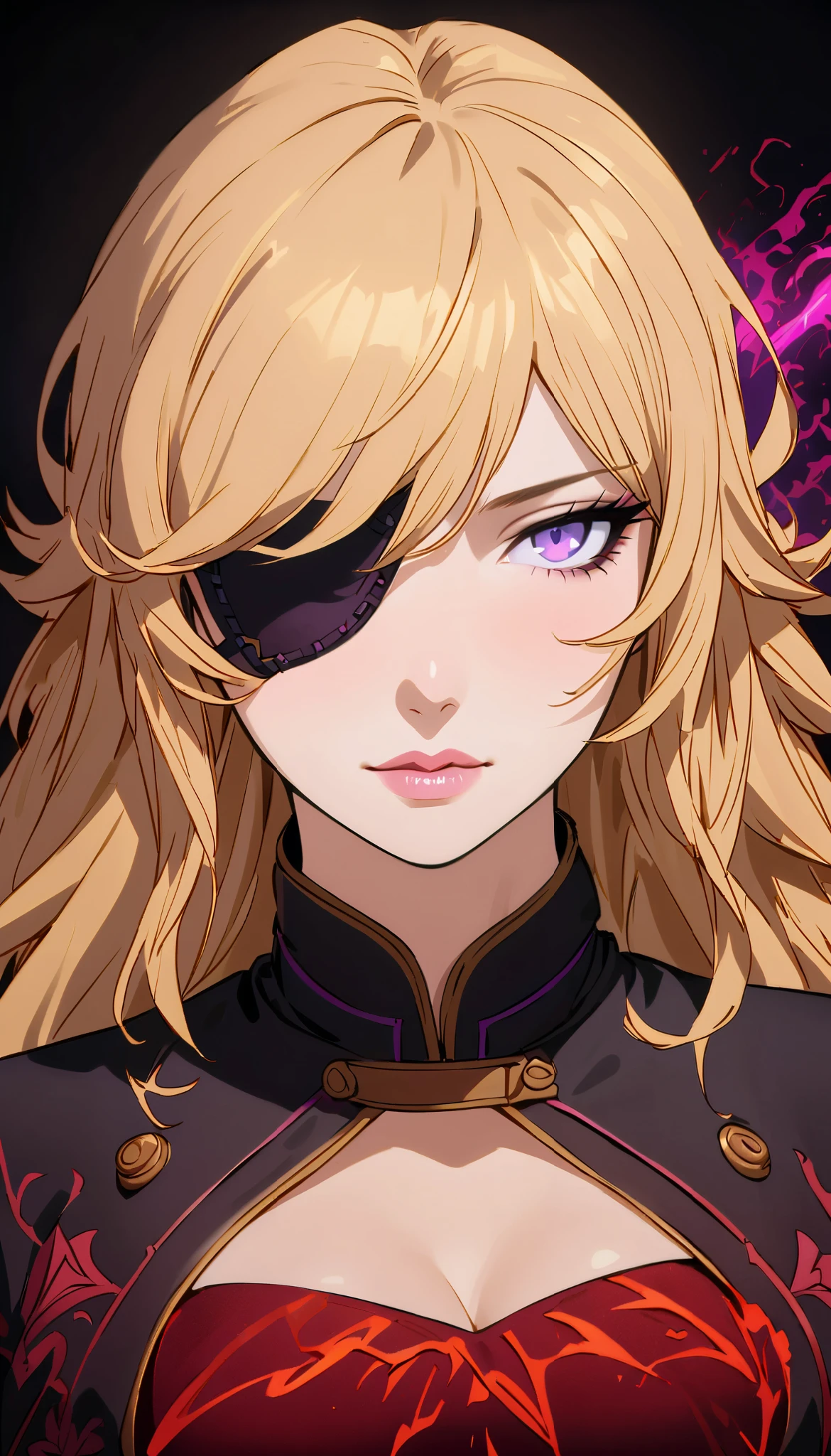 vintage movie, girl, wavy blonde hair, woman body, big boss, dark background around, focus on the character, (((purple eyes))), black clothes, powerful woman, solo, secret, ((long hair)) , yang xiao long from rwby, dark energy, (( dragon blood effects )), ((mature)), ((soft eyepatch)), flower, closed mouth, dangerous smile, ((perfect lips)), ((dragon blood))