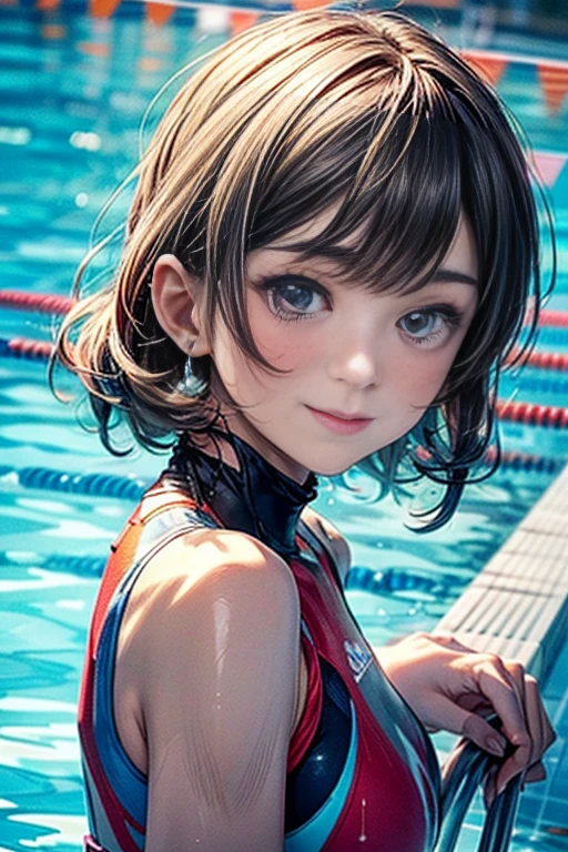Highest quality、Realistic、girl、12 years old、zoom、Orange eyes、Black Hair、Blue swimsuit、slender、Small breasts、Inappropriate smile、Pool、Bust Shot、