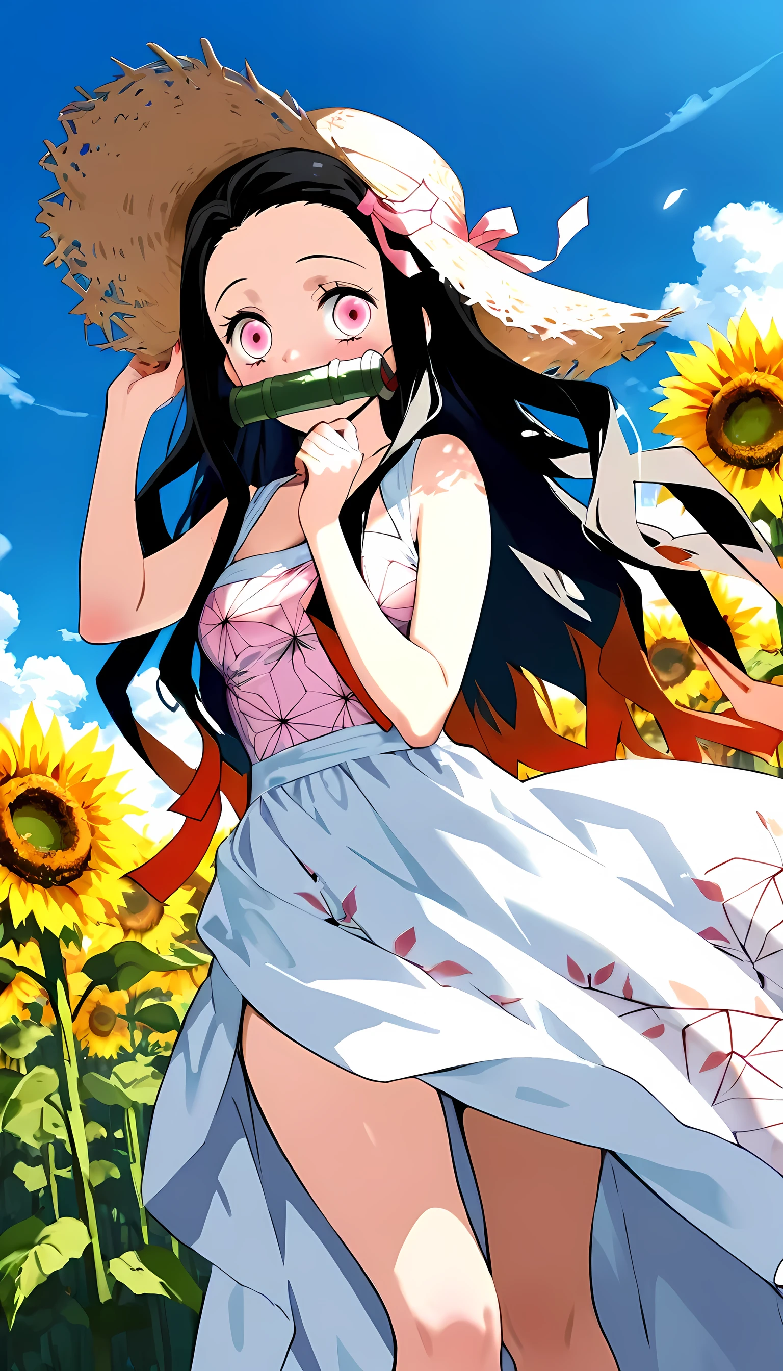 Nezuko Kamado, wearing a beautiful white maiden's dress, sunflower field, straw hat, delicate pose, shy girl, anime screen cap