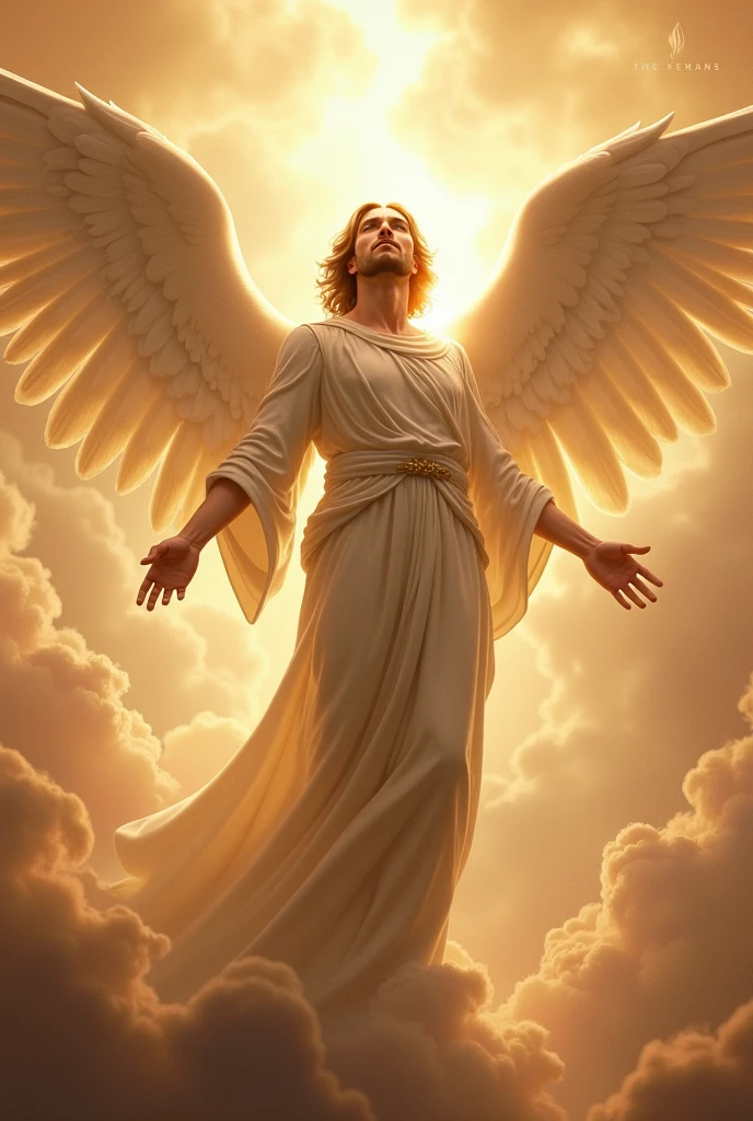 A man with wings, therefore cloths to dress falling with their wings unplucked and with one of their hands raised