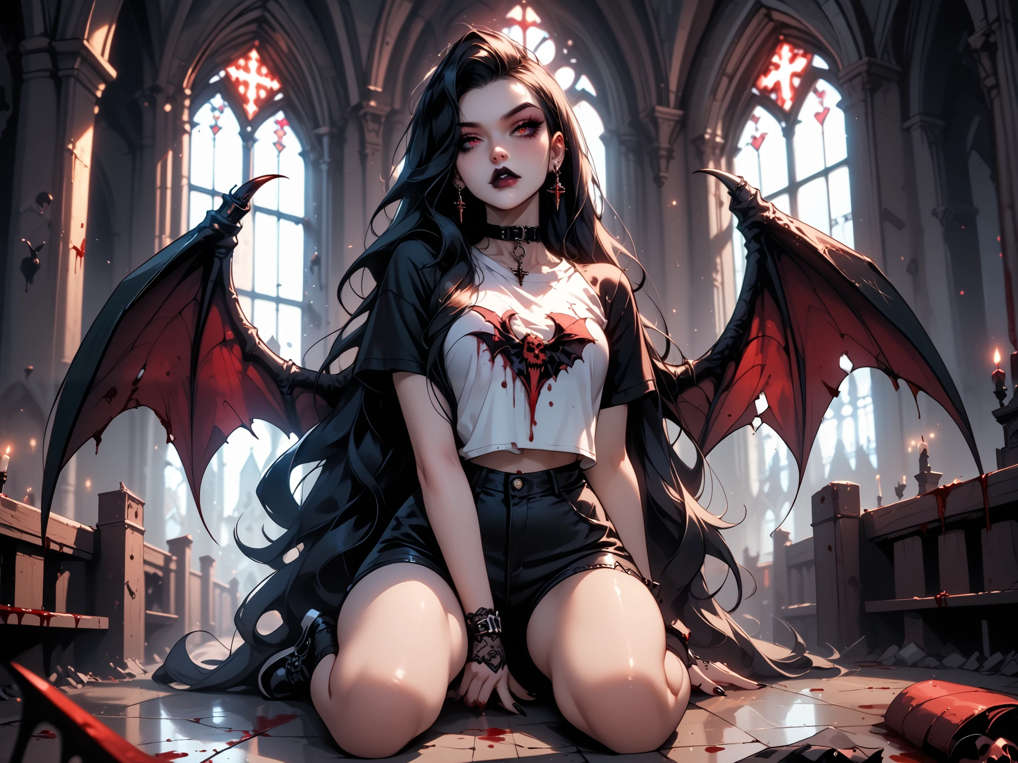 A Goth girl in the form of a vampire, 19 years old, black long hair, third-size tits, perfect figure, vampire wings on the back, kneeling on her knees against the background of an abandoned church, wearing short tight shorts and a white T-shirt with blood on it