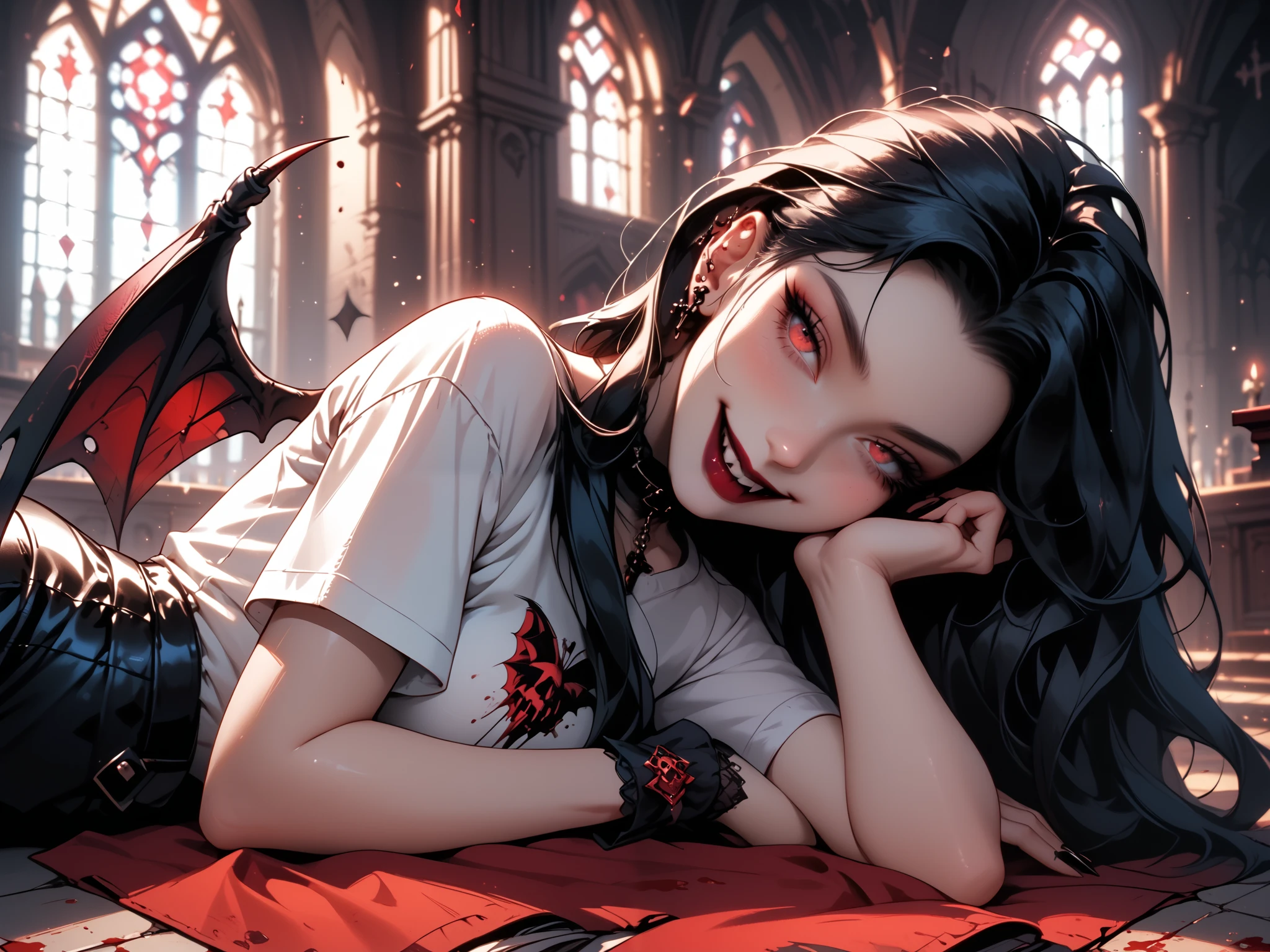 Gothic girl in the form of a vampire, 19 years old, black long hair, third-size tits, perfect figure, vampire wings on the back, lying on the ground against the background of an abandoned church, smiling passionately and showing ticks, dressed in short tight shorts and a white T-shirt with blood on it