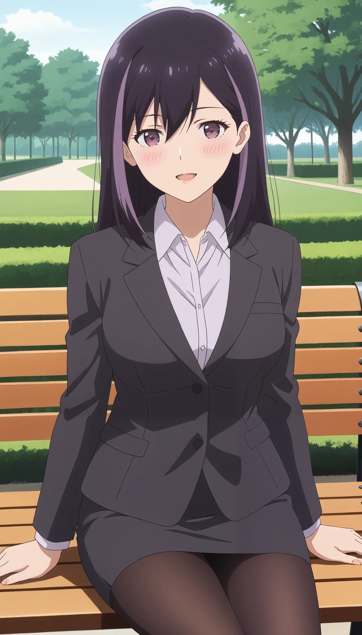 score_9, score_8_up, score_7_up, source_anime, BREAK 1girl, solo, looking at viewer, in park ,cowboy shot, from front, rika honjouji, purple hair, black hair, multicolored hair, long hair, hair between eyes, purple eyes, work uniform, collared shirt, suit, long sleeves, pencil skirt, pantyhose,rouge lips ,open mouth, blushing ,smile ,sitting on bench , from side, large breast