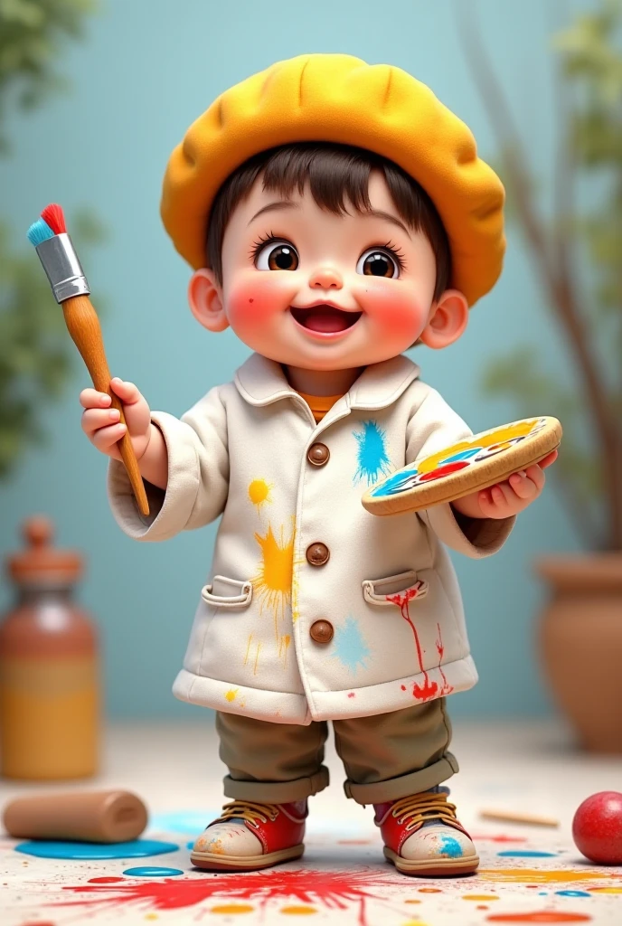 Little fat boy with a paintbrush drawing, cute, happy expression, --auto --s2