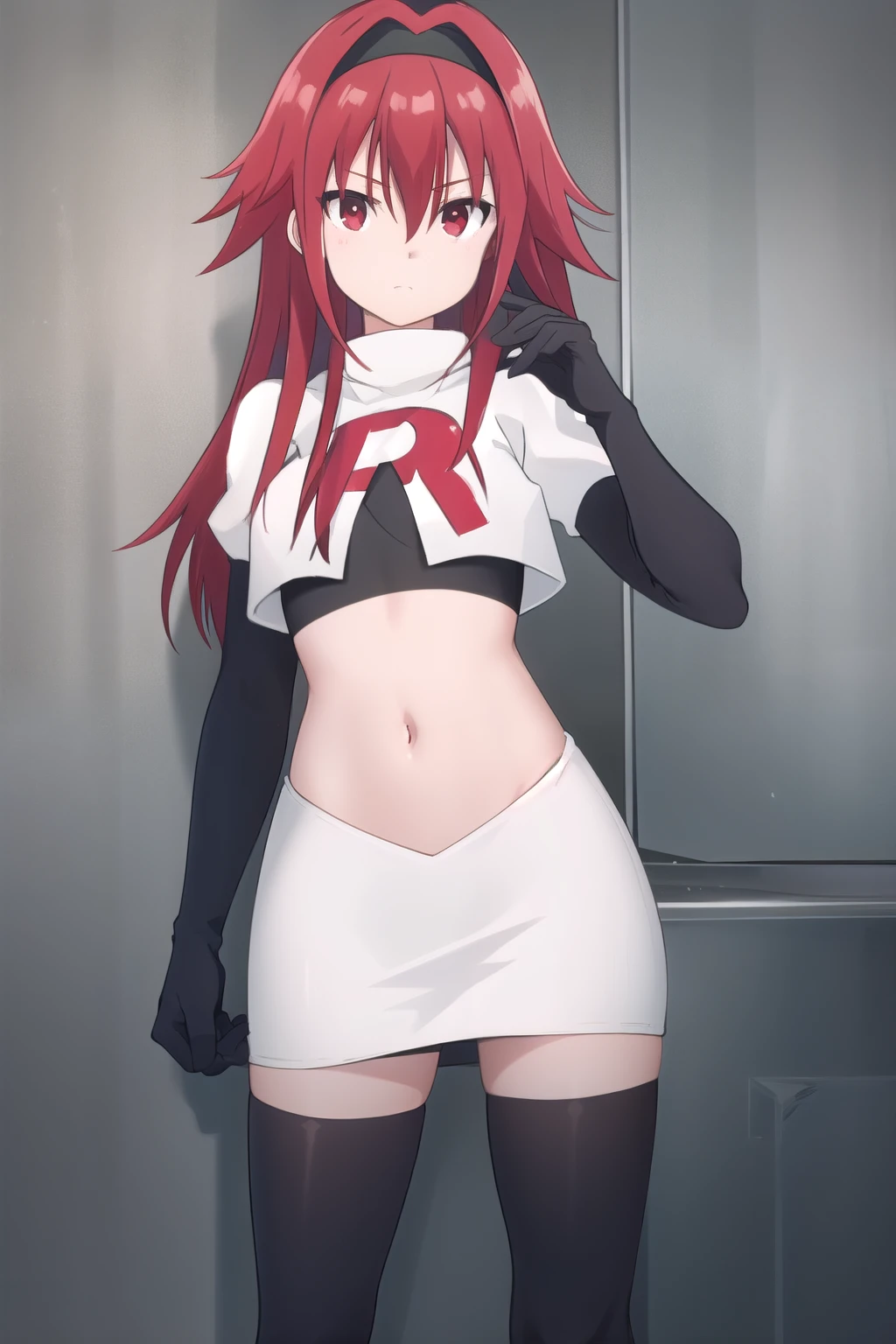 masterpiece, detailed, high quality, absurdres, zentreyad_dragon,red hair, team rocket,team rocket uniform, red letter R, white skirt,white crop top,black thigh-highs, black elbow gloves,