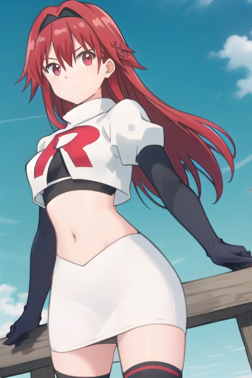 masterpiece, best quality, highres, yl1, ponytail, skull hair ornament, cowboy shot, outdoors, team rocket,team rocket uniform,white skirt,red letter R,crop top,black thigh-highs,black elbow gloves
