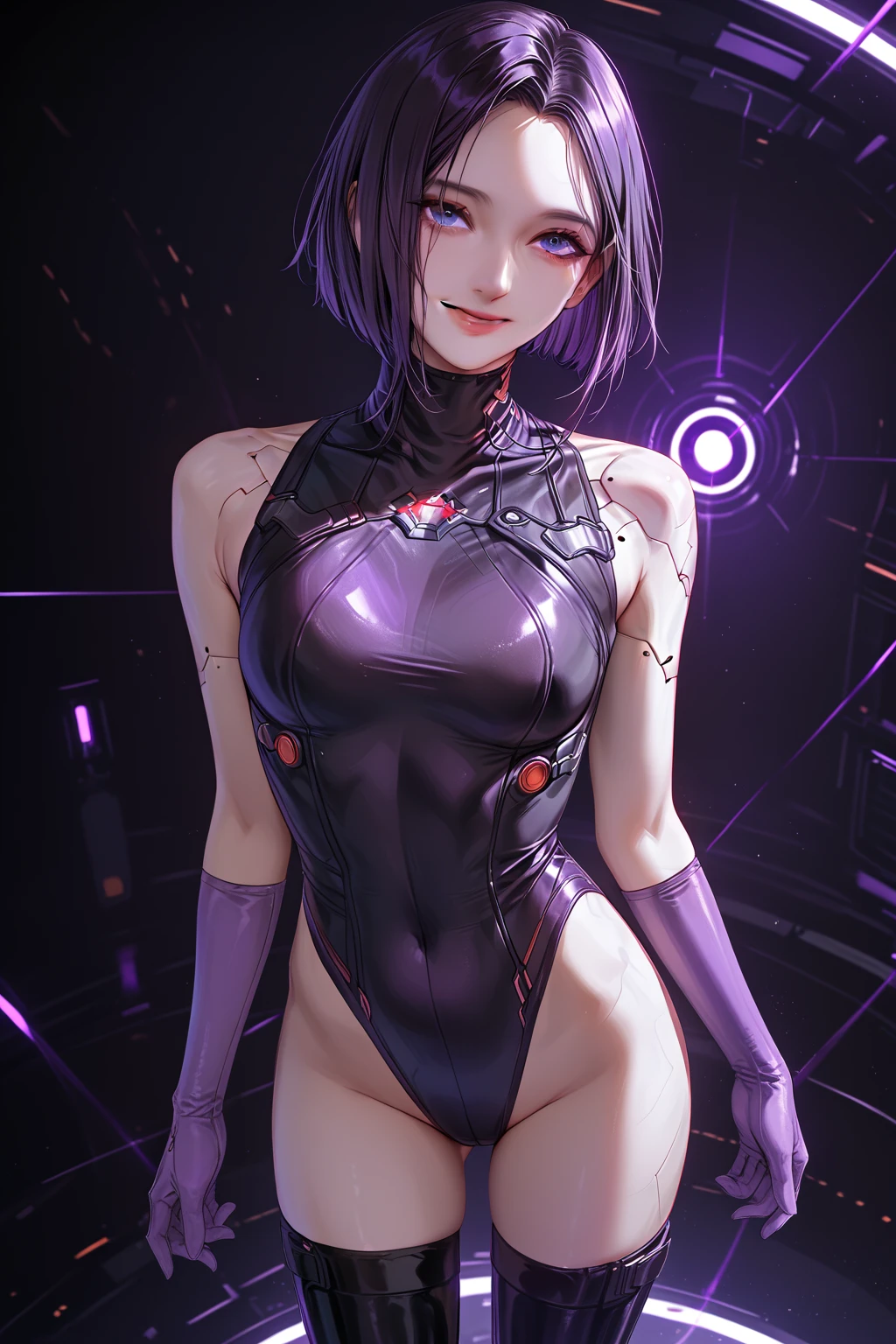 violet, neon lighting, short hair, pale skin, brightly glowing purple eyes, Portrait of cute smiling girl wearing metal frame glasses. (masterpiece, top quality, Best quality, official art, beautiful and aesthetically pleasing:1.2), extremely detailed,(fractal art:1.2),colorful,The most detailed, (dynamic pose), (abstract background:1.5), (Many colors:1.4). ((split. skin texture, Shiny skin. elegance. photorealism. unreal engine. 3D model. Ultra high quality textures. high detail. permission 8k))