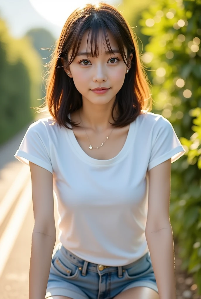 masterpiece, Best quality, Raw photorealism, Smile, Beautiful girl, Cute, Short hair, small breasts, depth of field, High resolution, Ultra detail, Very detailed eyes and face, Sharp pupils, Realistic pupils, Sharp focus, Movie lighting,detailed background, in a park, sitting on bench, grasses,