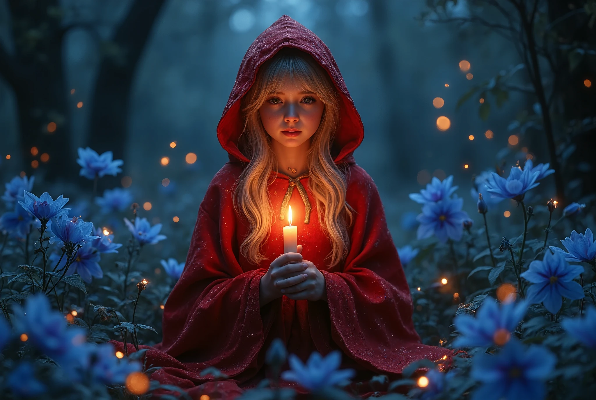 (( RAW Photo), absurd, VERY pretty blonde AGER for a ren's story and mysterious about Little Red Riding Hood , her red suit shines and flutters as if she were a FAIRY, general plan full body ( absurd resolution)), masterpiece, better quality ( Extremely detailed 8k unity CG wallpaper), ( best illustration ), ( best shade), Realistic lighting, detailed and beautiful shine, it holds a candle that illuminates the night and that looks like a bunch of fireflies that come out of that light. It is surrounded by exotic blue flowers that glow in the dark in a phosphorite and incandescent way