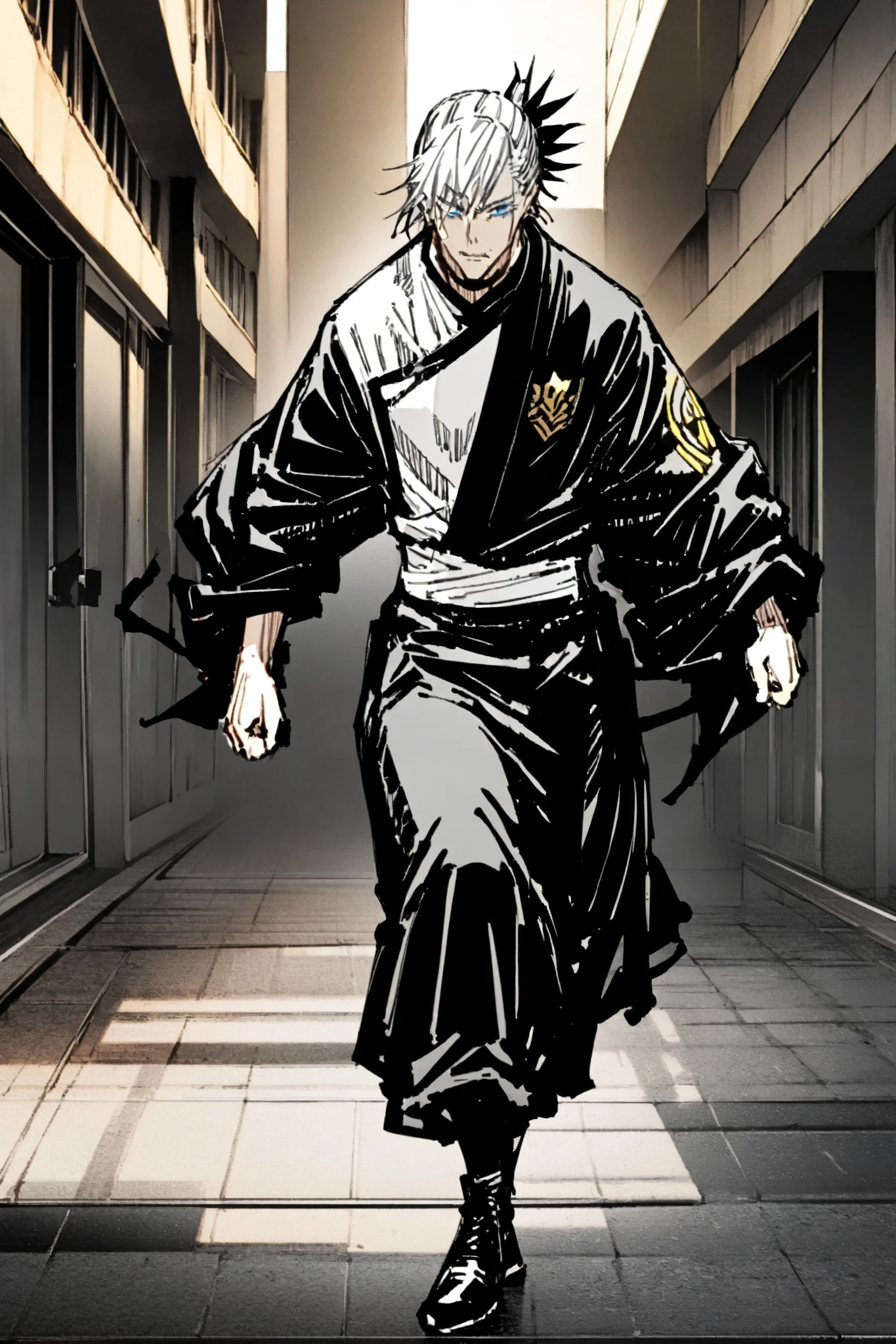 appearance:  Renji is a tall man with an athletic build ,  with short silver hair on the sides ,  leaving the upper part longer and disheveled .  His eyes are an intense and sharp blue ,  reflecting a defiant and selfless look .  He always wears informal clothes inside the Agency ,  but in combat he wears a long jacket with an emblem on his back that says: "The fire of youth never goes out ."

