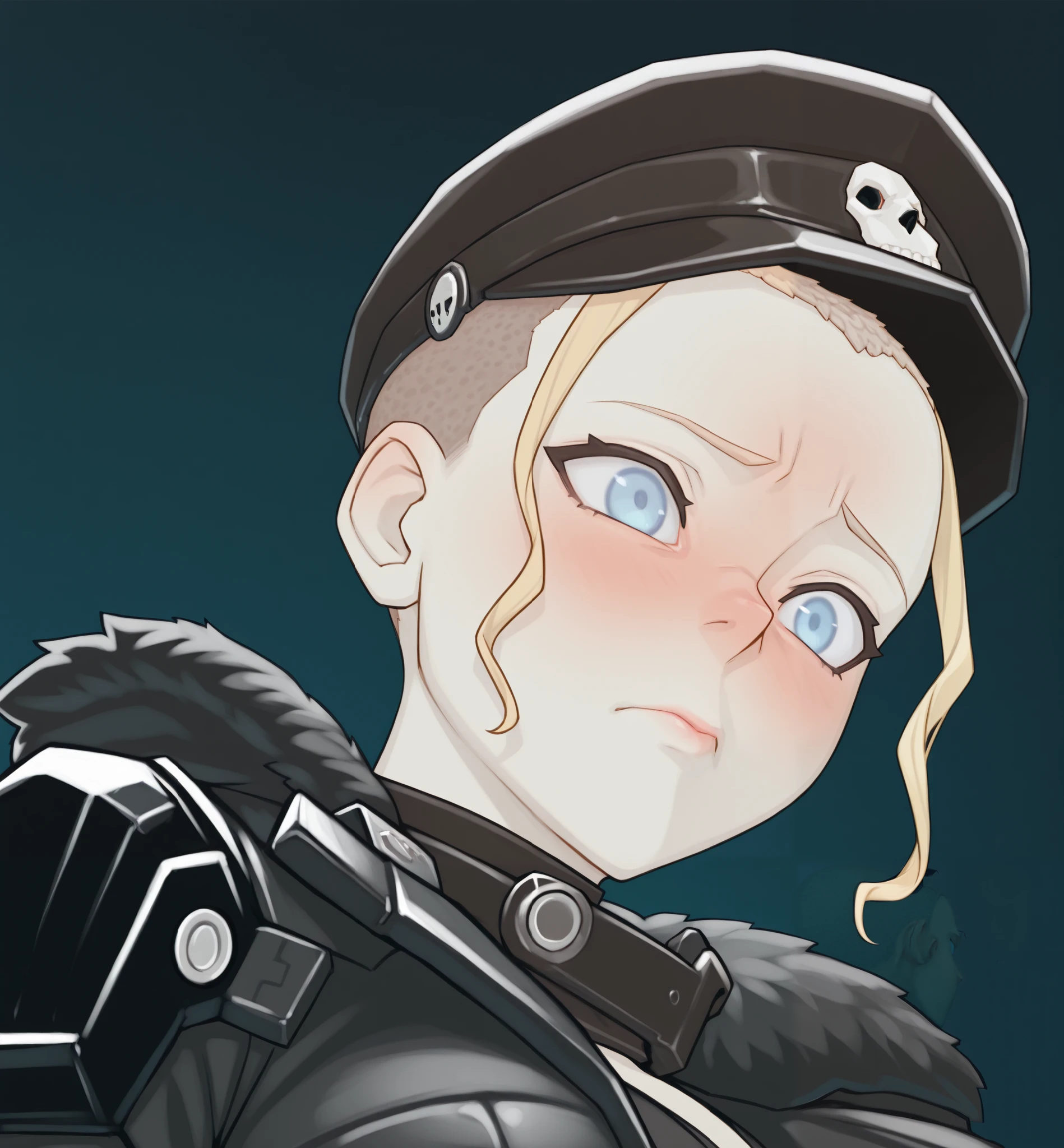 1girl, solo, ((testgirl)),( light blonde short fringe) , slightly curly fringe, (shaved head), shaved temples, light blue eyes, (beautiful eyes), looking in viver, black raincoat, short fur collar, ((black cap) ),masterpiece, best quality, amazing quality, contrast, grumpy, (blame), from the side, high quality, a masterpiece , shy, embarrassing, looks around, angle from below , red face