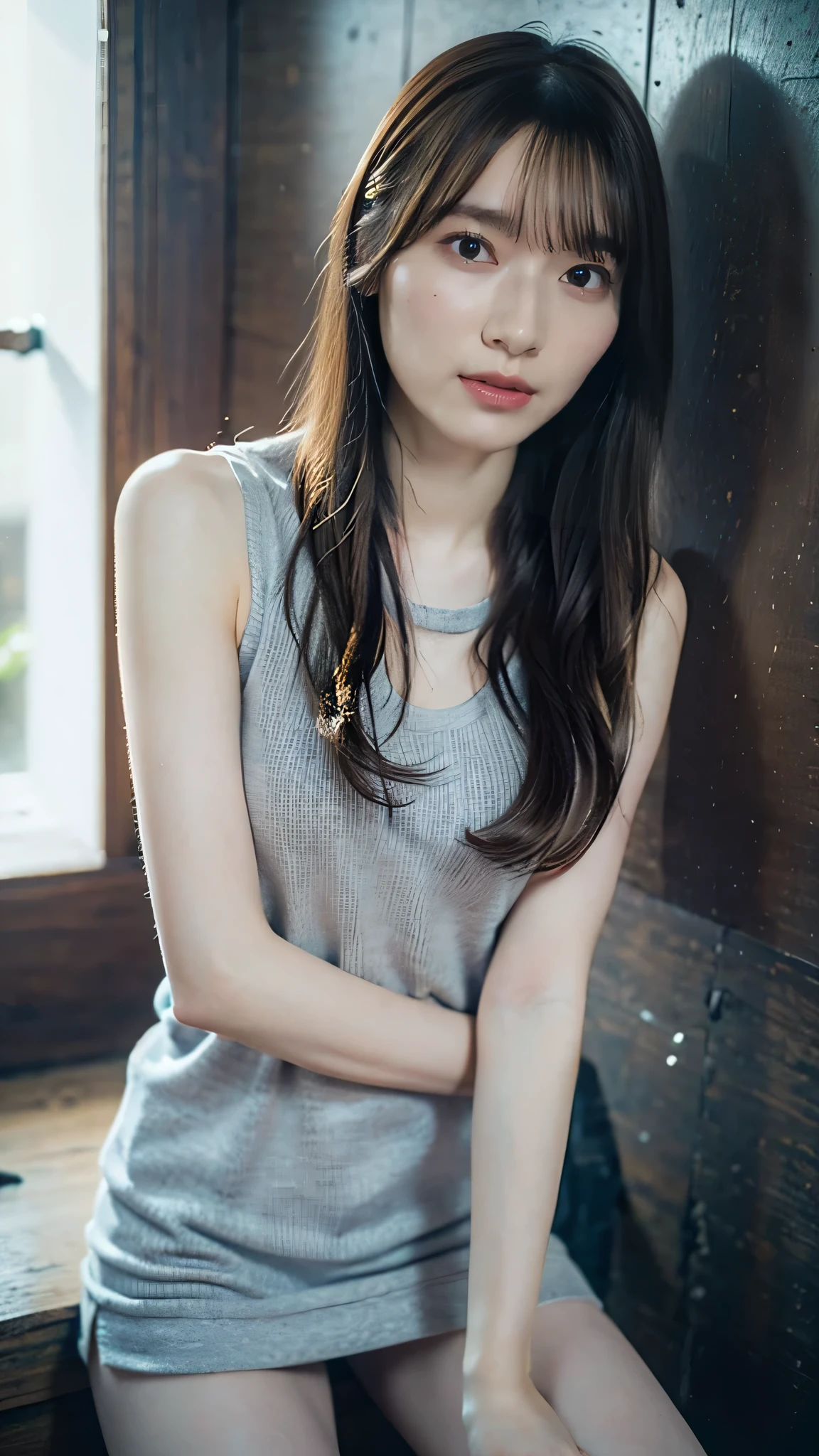 (( 1 girl)), woman, Masterpiece, top quality, top quality, cinematic lights, ( Stereo lighting ), extremely detailed CG unity 8k wallpaper, Concentrated, 8k wallpaper, extremely detailed, super real, photorealistic, sharp concentration, is ridiculous, ( high resolution:1.2), ( High Contrast ), photos, detailed and complicated, Instagram , portrait, very detailed from outside the window, Digital Painting , ART STATION, Concept Art, smooth, sharp concentration, illustration , cinematic lights, big breasts:1.3, ((( skinny, thin legs))), ( Japanese idol pose to close their legs), ( knit strap tank top, micro mini skirt, open shoulder , open chest , Chest), staring at viewers , ((Indian Pose)), ((Medium body shot , Hip Level Shots )), long hair, (( leaning against a wall)), beautiful eyes.