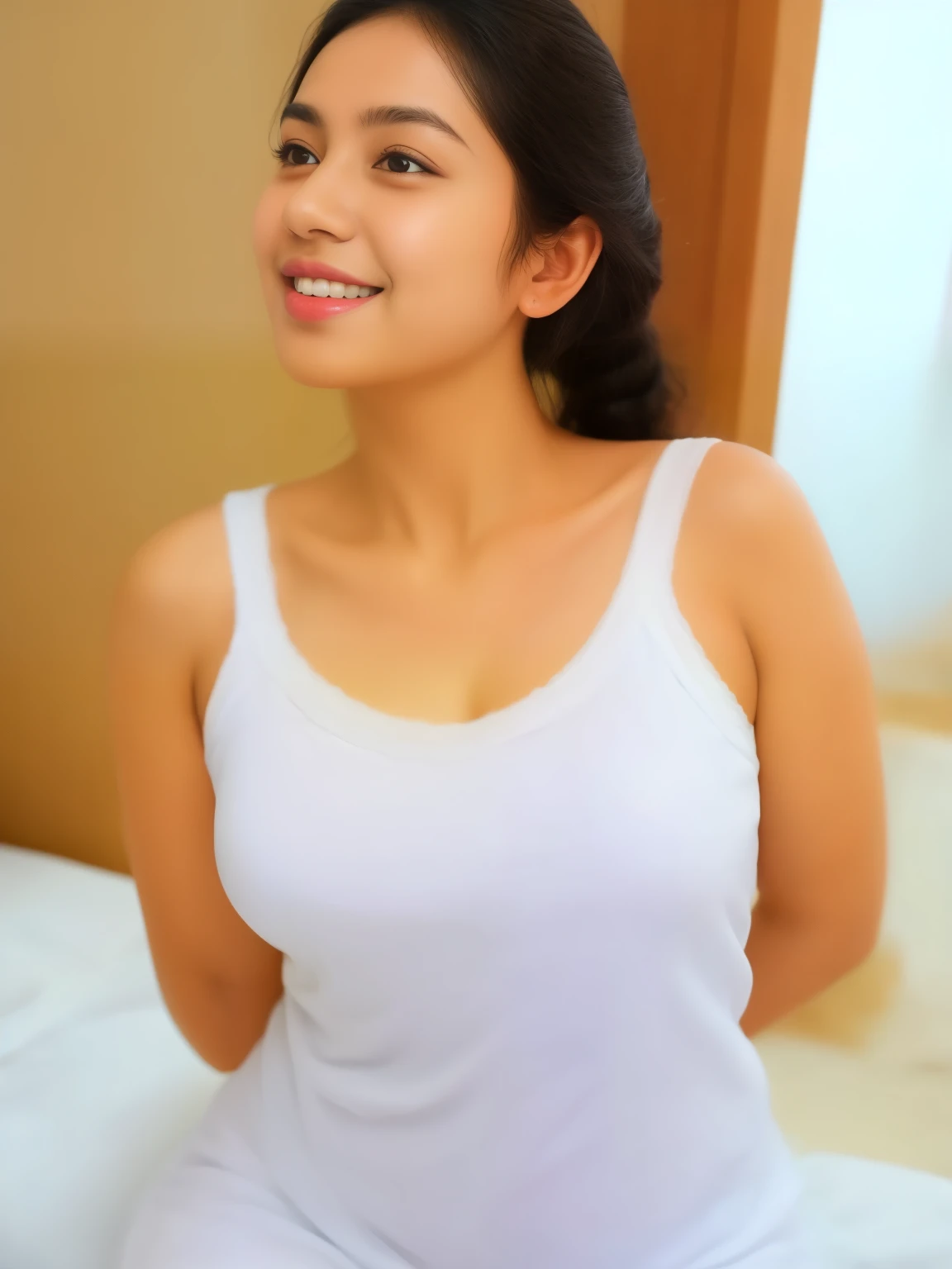 Sri lanka   girl, wearing white clothes  , in the bedroom,  (chubby , big breasts ), photorealistic, detail, skin texture, super detail, delicate and sexy collarbone, smile