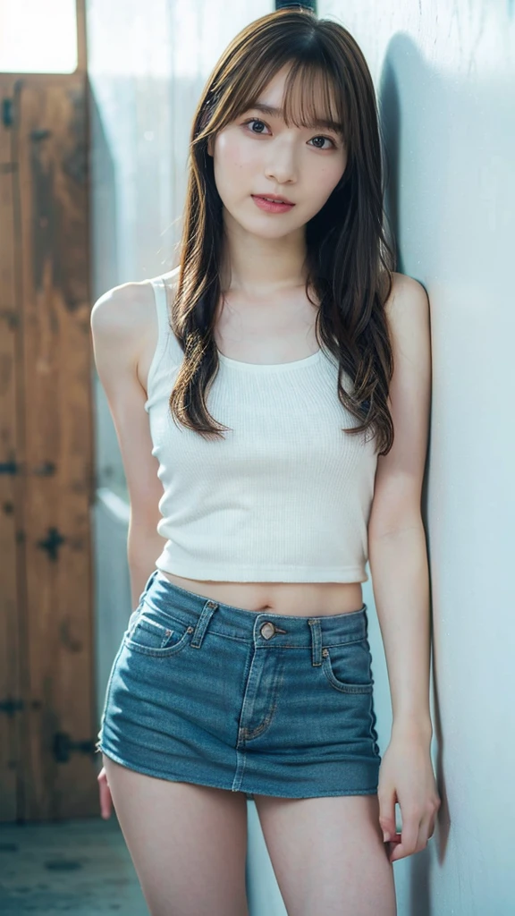 black hair, light smile, ear blush, ccurate, best quality、Primary school students、White tank top、Denim shorts、Belly button、The chest is very small、Close-fitting clothing, Surrealism, drop shadow, anaglyph, stereogram, tachi-e, pov, atmospheric perspective, 8k, super detail