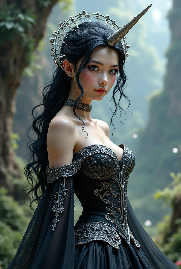 Witch Morgana is seated on an ancient stone outside an abandoned church, now covered in moss and nestled within a dense forest. Sunlight gently filters through the tree canopies, illuminating her serene face as she gazes into the horizon. Morgana is dressed in an elegant black dress adorned with white details, creating a striking contrast with the lush greenery around her.