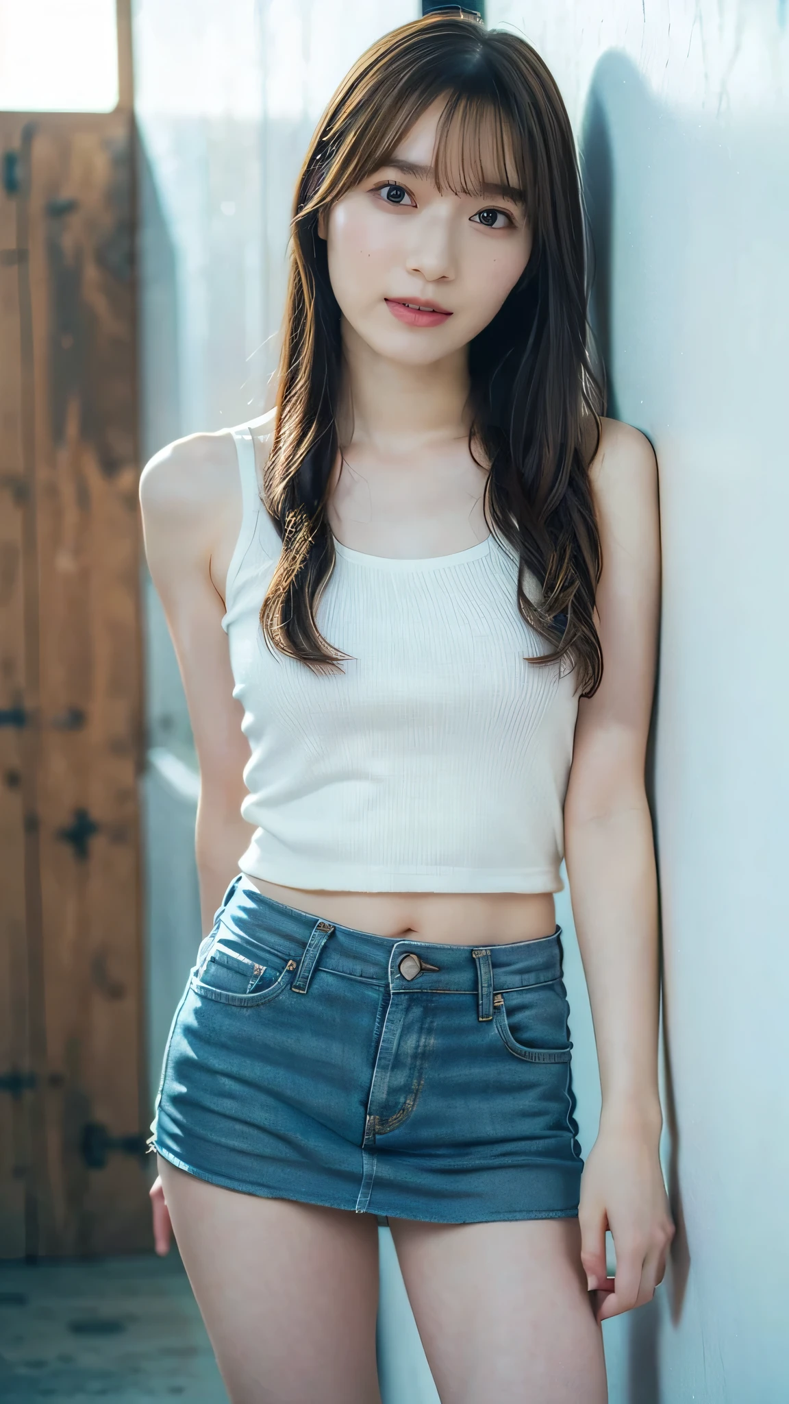 (( 1 girl)), woman,  Masterpiece,  top quality,  top quality,  cinematic lights, ( Stereo lighting ),  extremely detailed CG unity  8k wallpaper, Concentrated,  8k wallpaper,  extremely detailed,  super real,  photorealistic,  sharp concentration,   is ridiculous, ( high resolution:1.2), ( High Contrast ),  photos,  detailed and complicated,  Instagram ,  portrait,  very detailed from outside the window,   Digital Painting  ,  ART STATION,  Concept Art,  smooth,  sharp concentration,  illustration ,  cinematic lights,  big breasts:1.3, ((( skinny,  thin legs))), ( Japanese idol pose to close their legs), ( knit strap tank top,  micro mini skirt,  pants that make your pussy stretch， showing off panties on bed ， open shoulder ,  open chest , Chest),  staring at viewers , ((Indian Pose)), ((Medium body shot ,  Hip Level Shots )),  long hair, (( leaning against a wall)),  beautiful eyes.