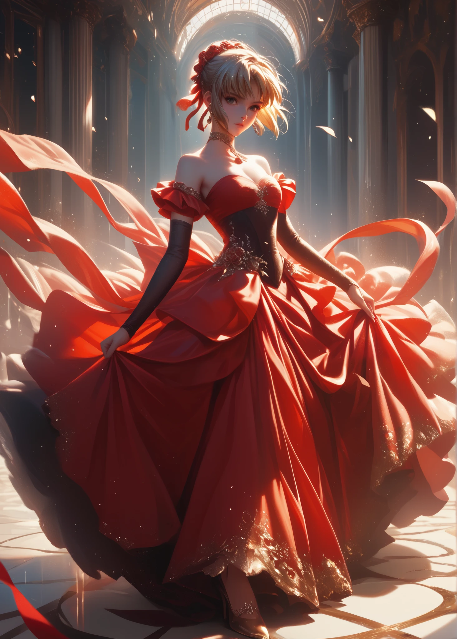 1girl,solo, red dress, bare shoulders, strapless, elbow gloves, alternate costume, long dress, saber_(fate),ballroom,
