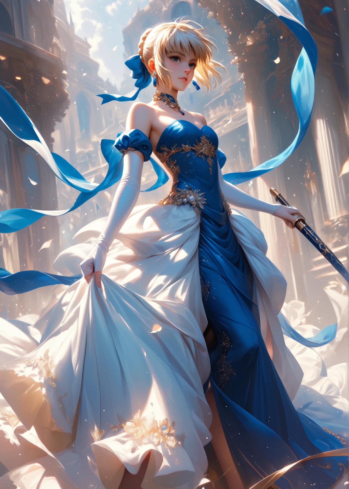 1girl,solo, blue dress, bare shoulders, strapless, elbow gloves, alternate costume, long dress, saber_(fate)
