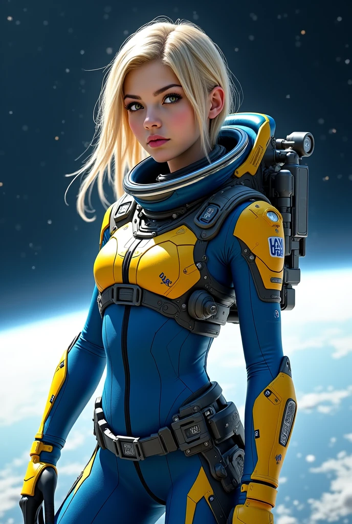 USA First in Space magazine cover photo, ultra modern space woman allisonangel123 of the future from USA, Blonde hair, (closeup:1.2), USA flag, on background of huge robot in Steampunk style, (full body space suit:1.3), in style of Fallout game, Manhattan Project, sci-if, classic sci-fi, pulp sci-fi over, nuclear tests, ultra realistic photo, flawless detail., high quality, absurdres, <lora:allisonangel123:1>,