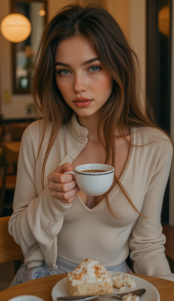 1 girl age 19, solo, aesthetic artwork, irish redhead, long wavy ginger hair, grayeyes light, some small freckles, pale skin, G-cup, huge breasts, slim body, runners body, (textured skin, skin pores:1,1), (moles:0,8), imperfect skin, sitting down, having a cup coffee, drinking coffee, (extremely detailed 8K wallpaper),soft lighting, high quality, film grain, fujifilm XT3 sharp focus, f 5.6, 50mm, high detailed, sharp focus, dress blue and white, high detailed, complex details, sitting at outdoors cafe