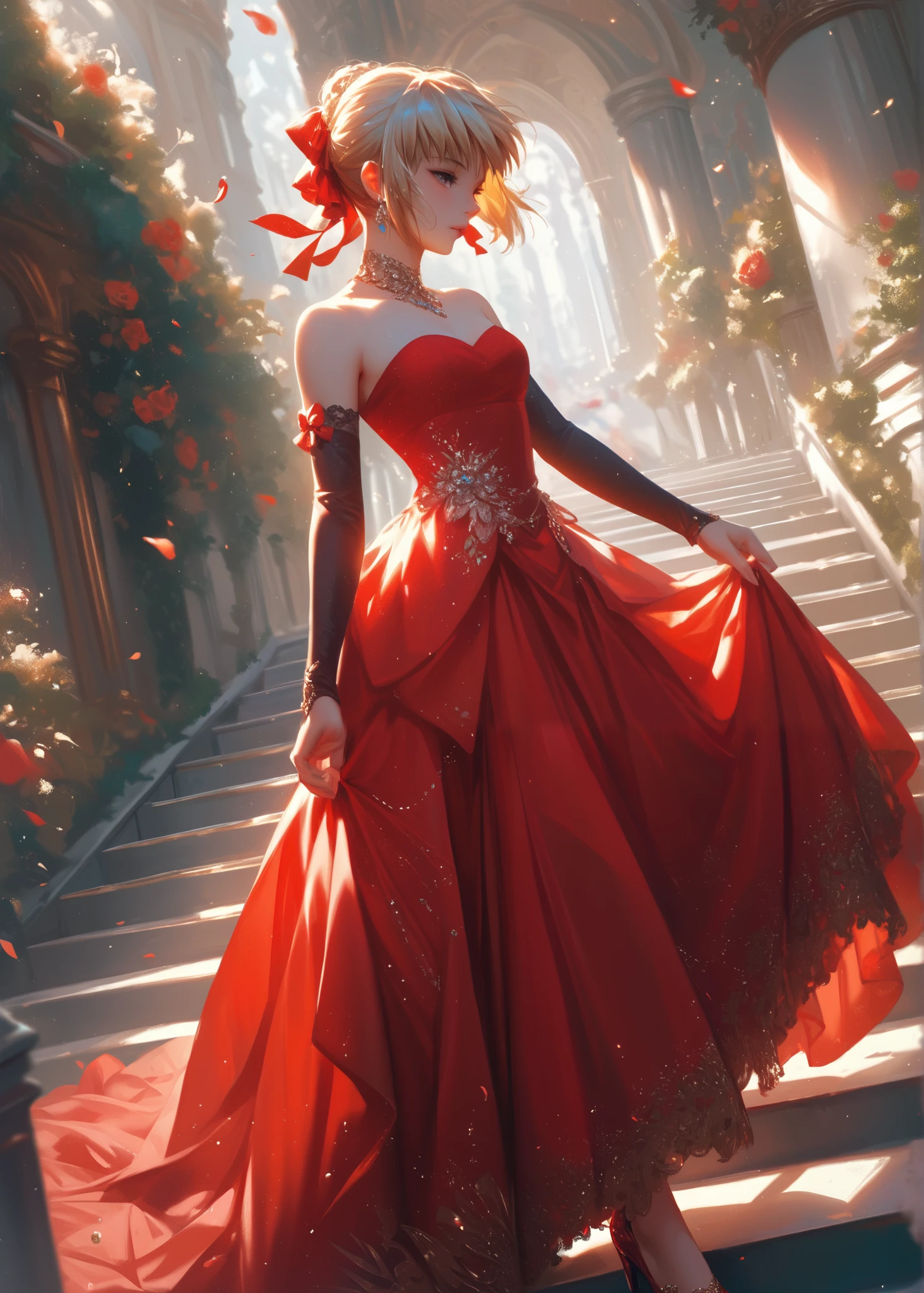 1girl,solo, red dress, bare shoulders, strapless, elbow gloves, alternate costume, long dress, saber_(fate),stairs,
